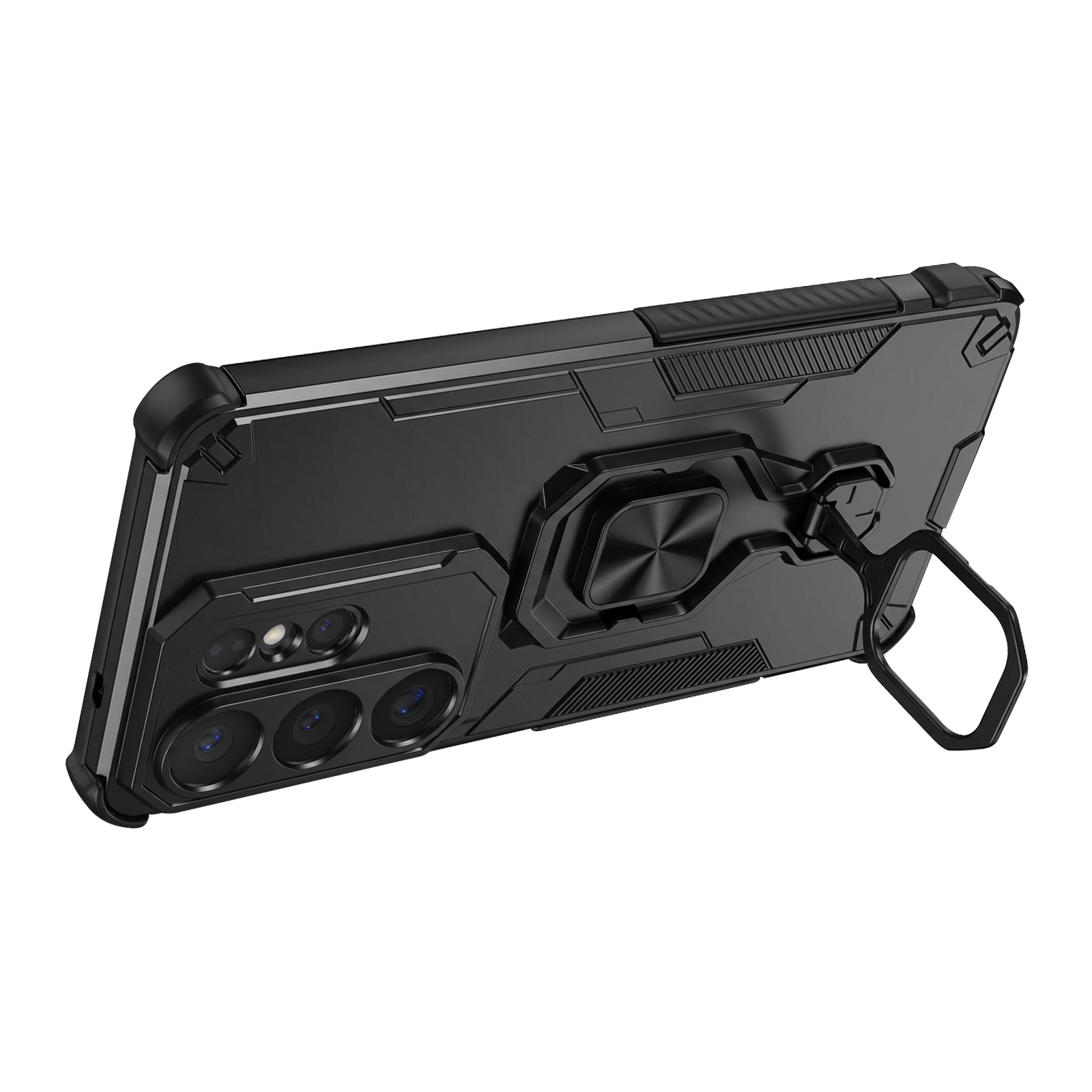 Coque de téléphone noire avec bloc caméra et support bague.
