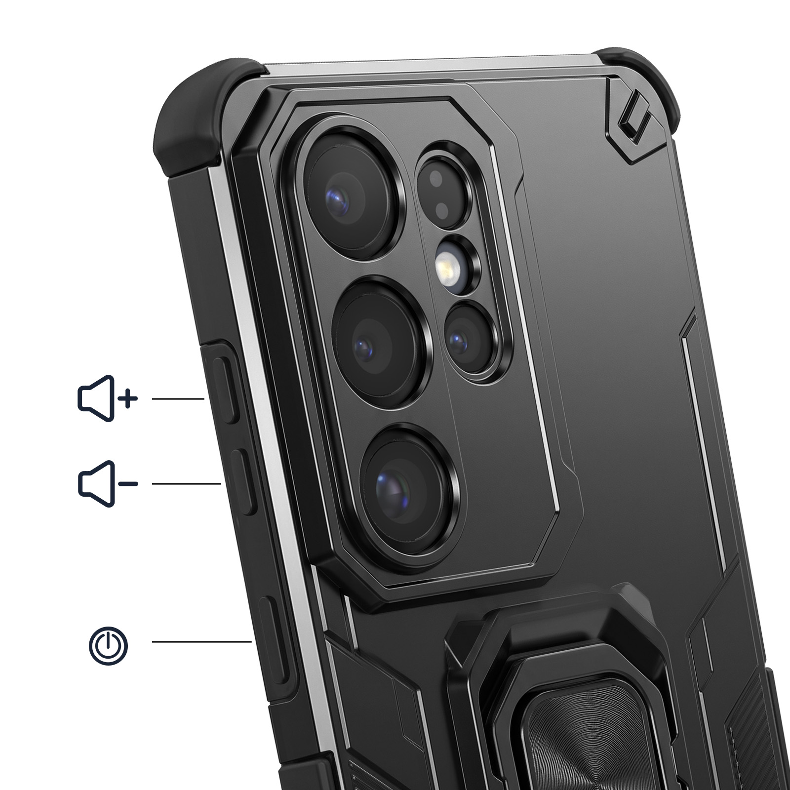 Un téléphone noir avec quatre caméras et un support bague.