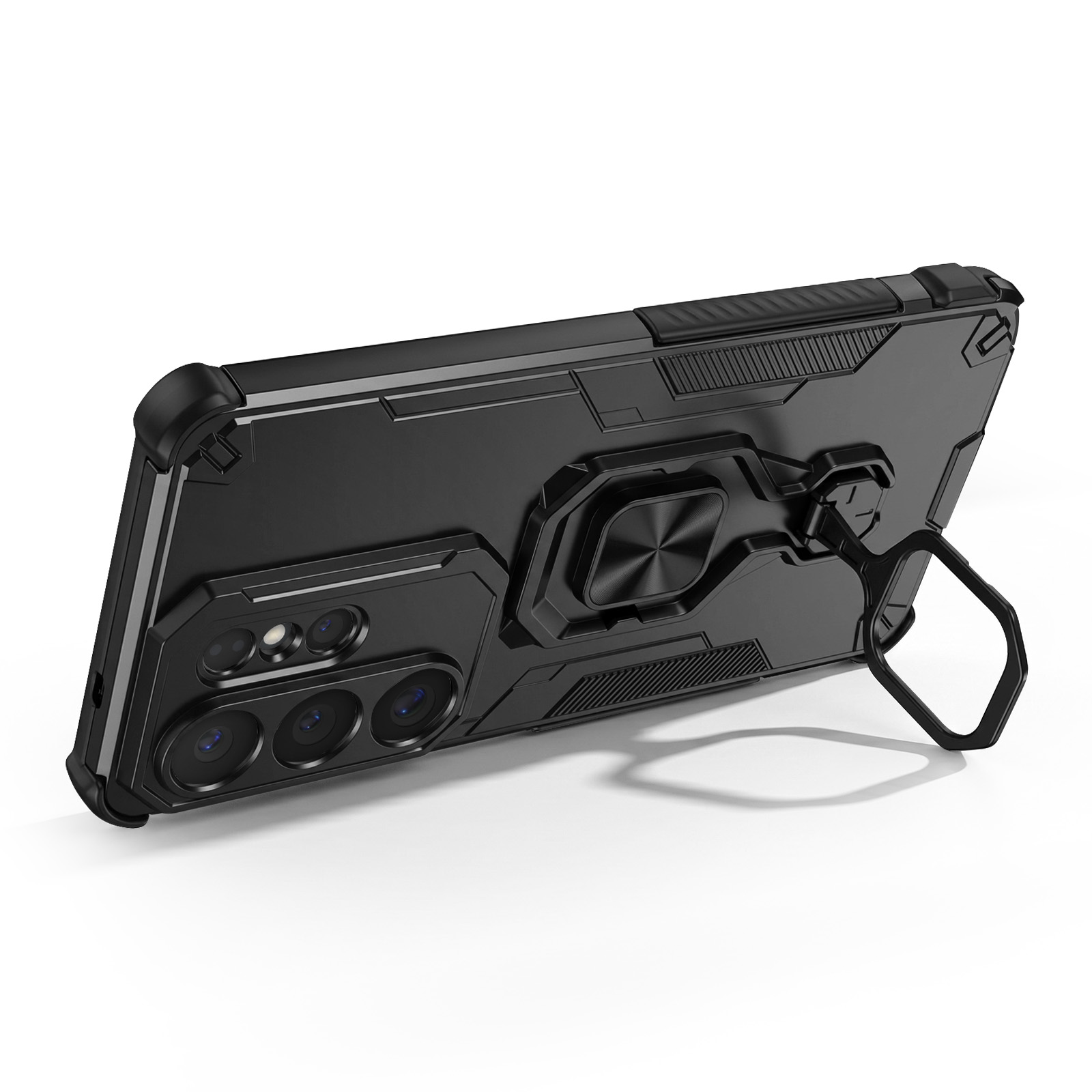 Coque de téléphone noire avec support anneau et béquille, vue latérale.