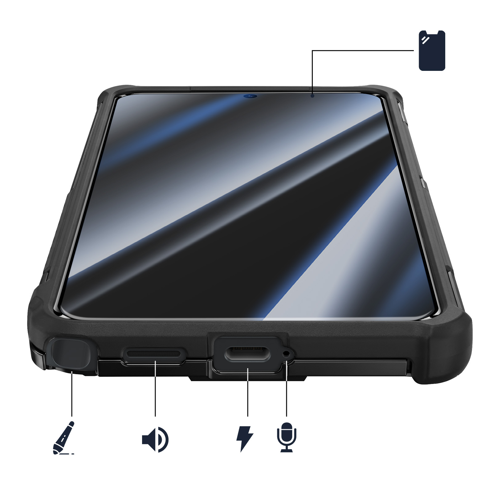 Coque noire pour smartphone montrant des icônes pour stylet, volume, charge et micro.