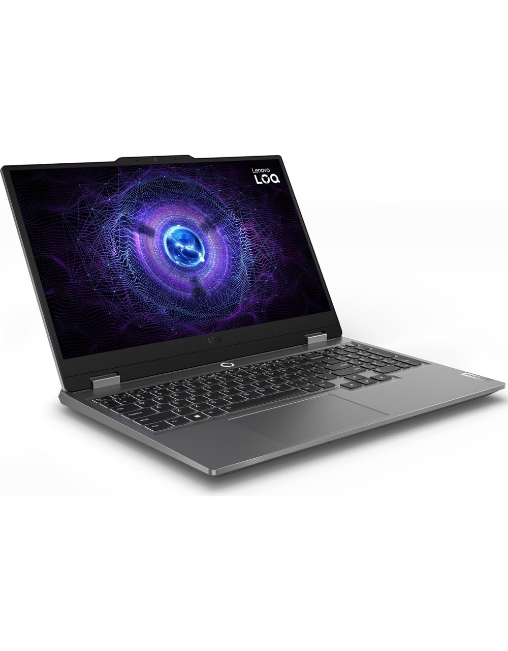 Ekranında mor soyut desen bulunan gri Lenovo dizüstü bilgisayar.