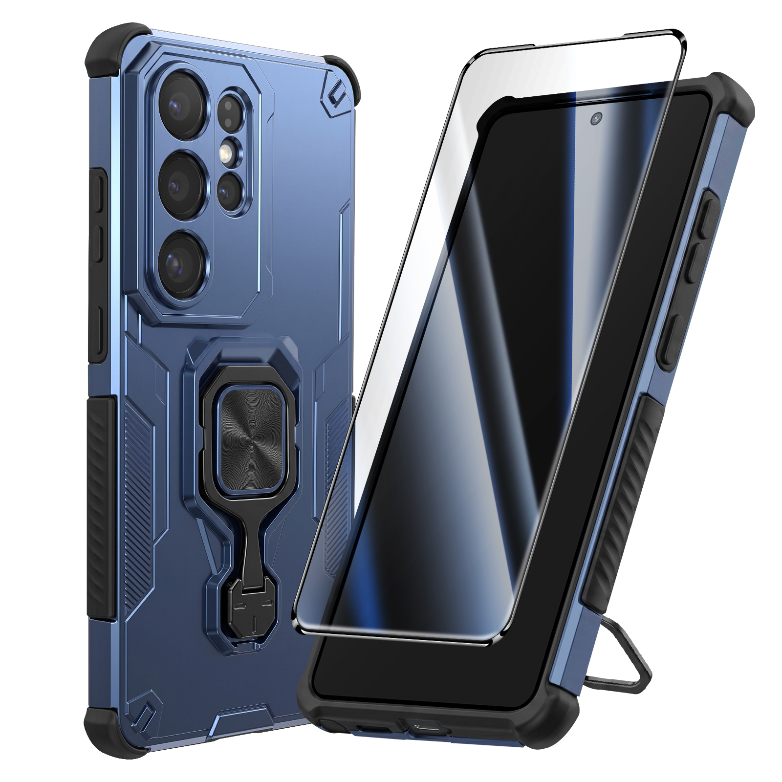 Coque de téléphone bleue avec protection caméra et béquille, à côté d'un smartphone avec protecteur d'écran.