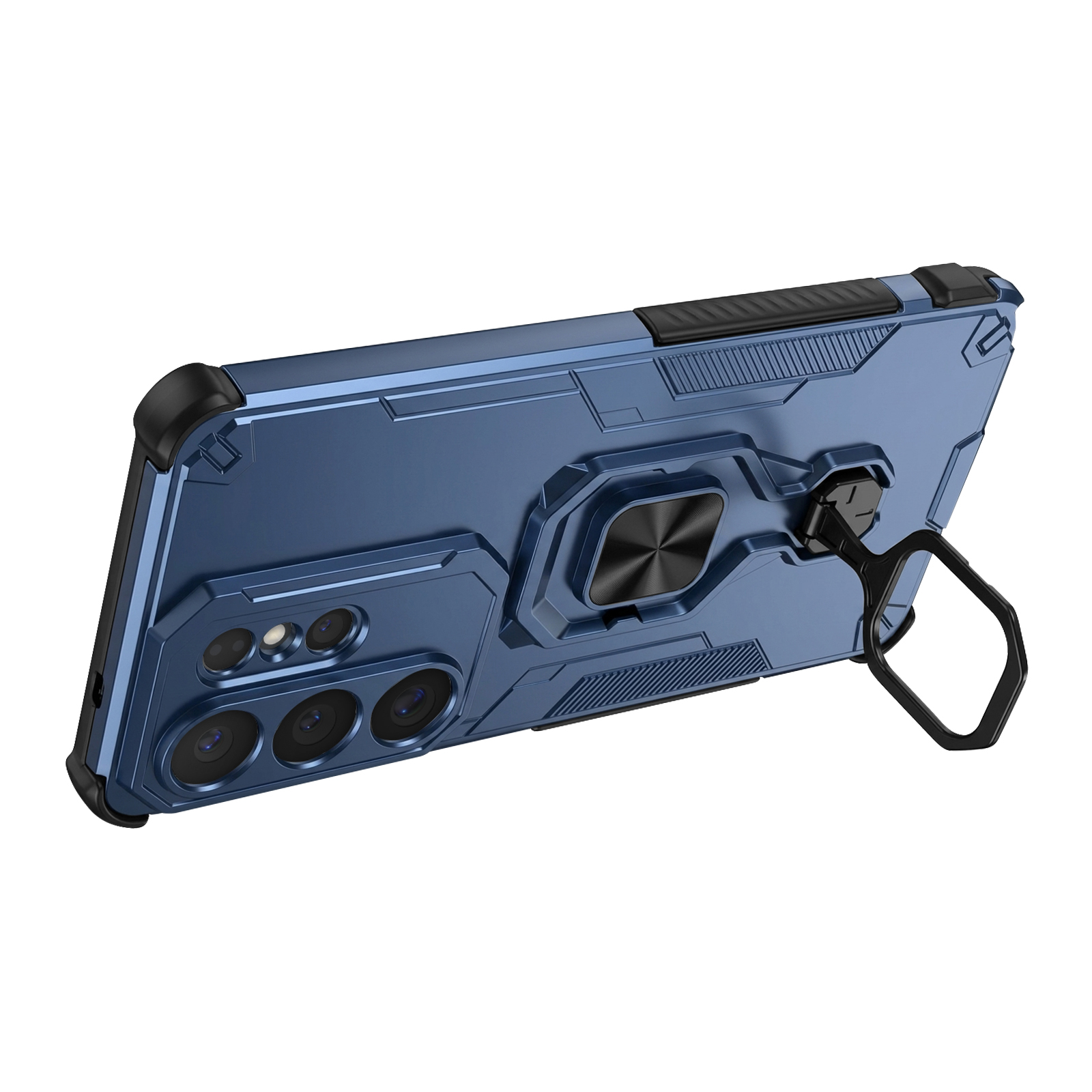 Coque de téléphone bleue avec support anneau et objectifs.