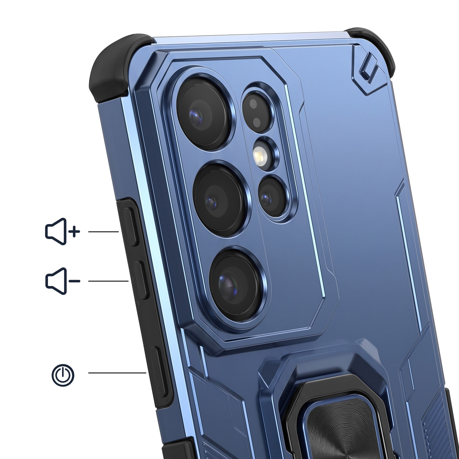 Coque de téléphone bleue avec caméras et boutons de volume.