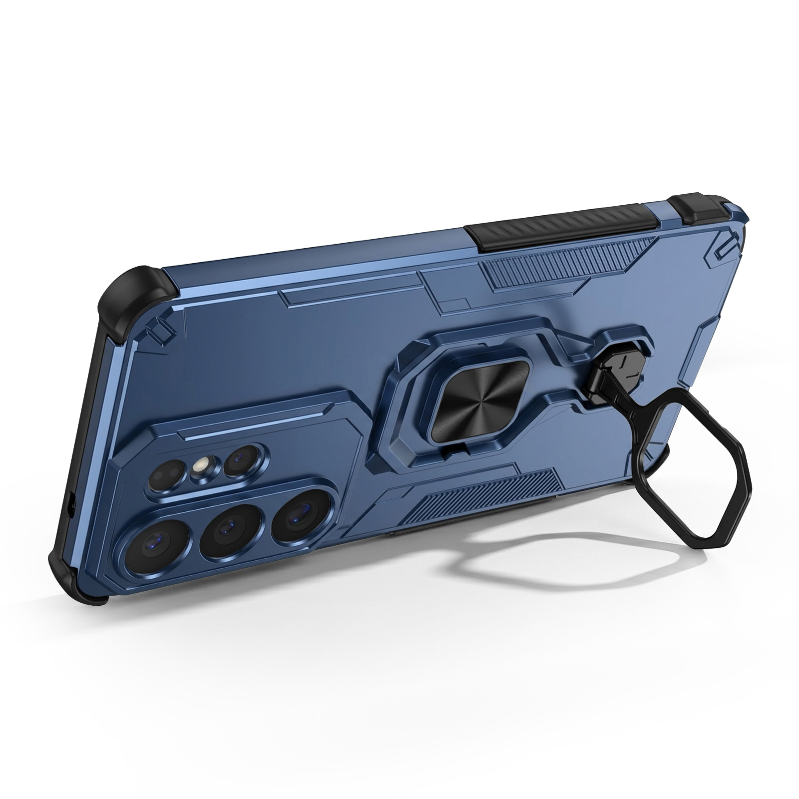 Coque de téléphone bleue avec support anneau et plusieurs caméras.