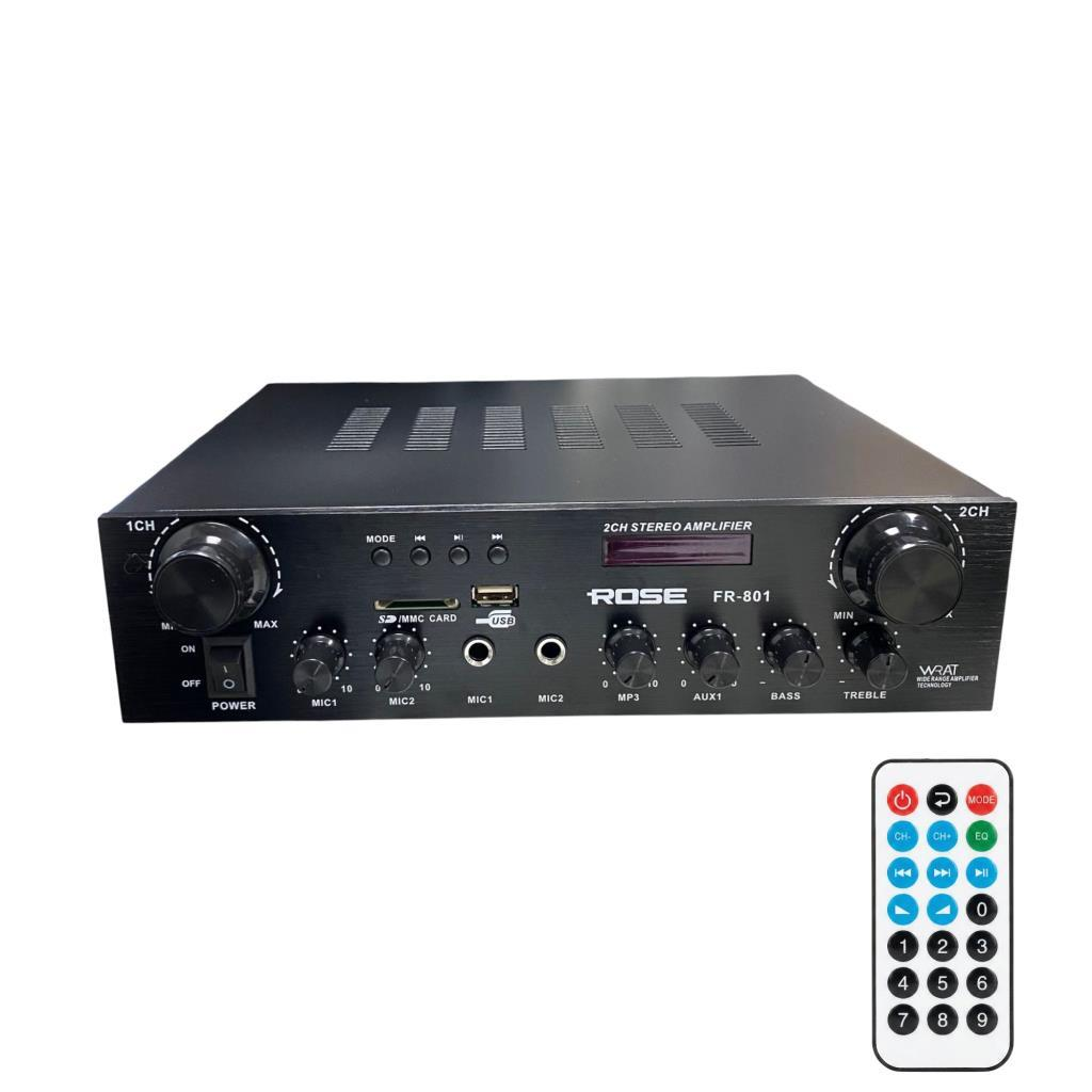 Uzaktan kumandalı siyah stereo amplifikatör, bağlantı noktaları: USB, SD/MMC, mikrofonlar.