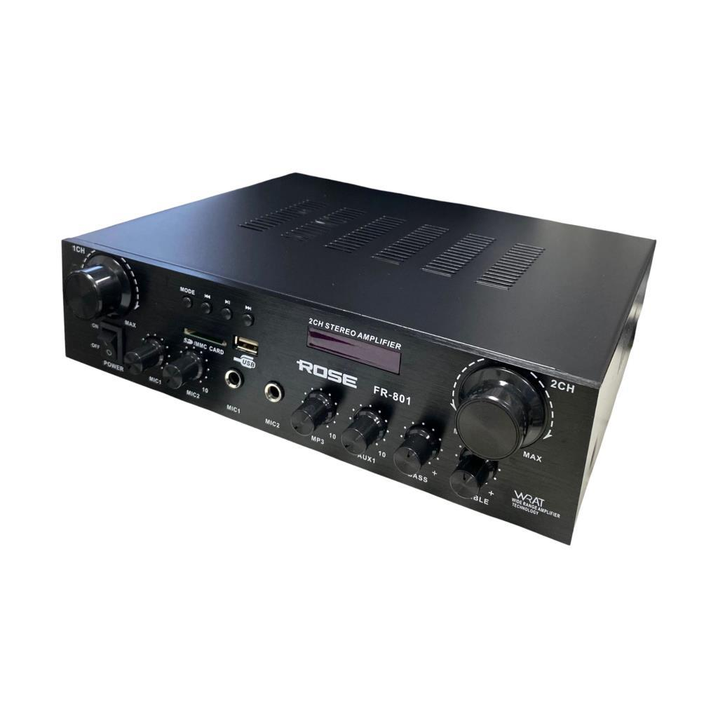 Ön panelinde düğmeler, çevirmeler ve bağlantı noktaları bulunan siyah stereo amplifikatör.
