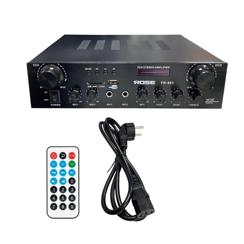 Uzaktan kumandalı, güç kablolu, siyah stereo amplifikatör ve düğmeler.