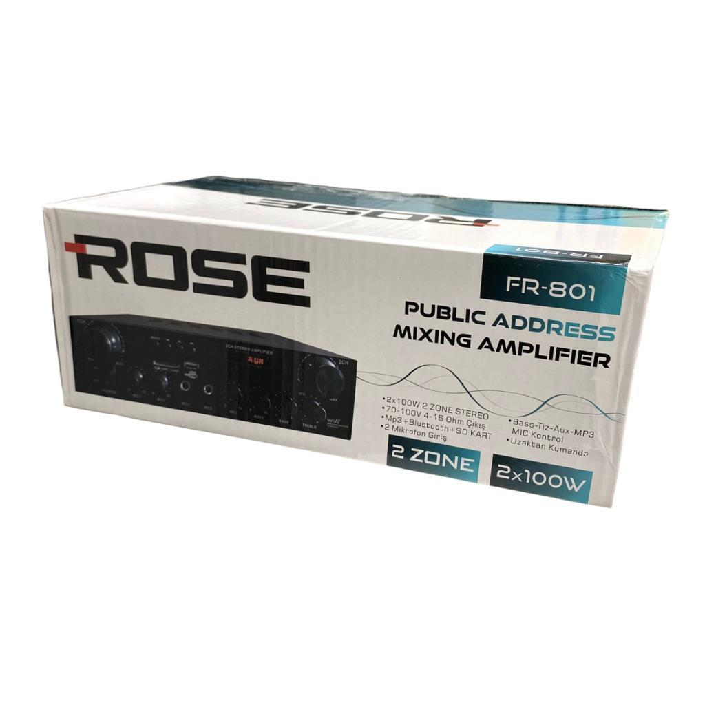 ROSE FR-801 miks amplifikatör kutusu, ön panel görünümü.