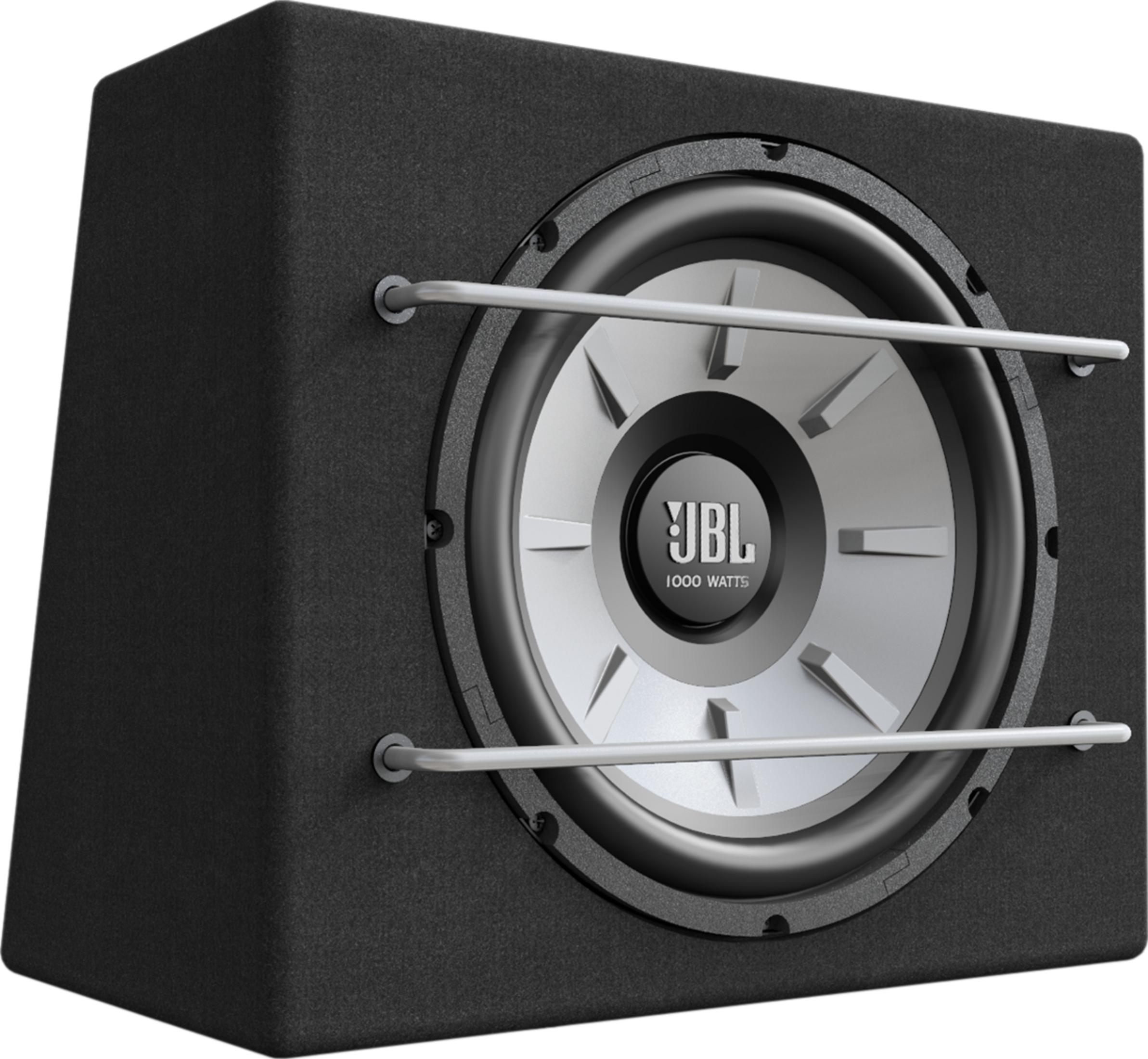 Subwoofer nero con griglia argentata e logo JBL.