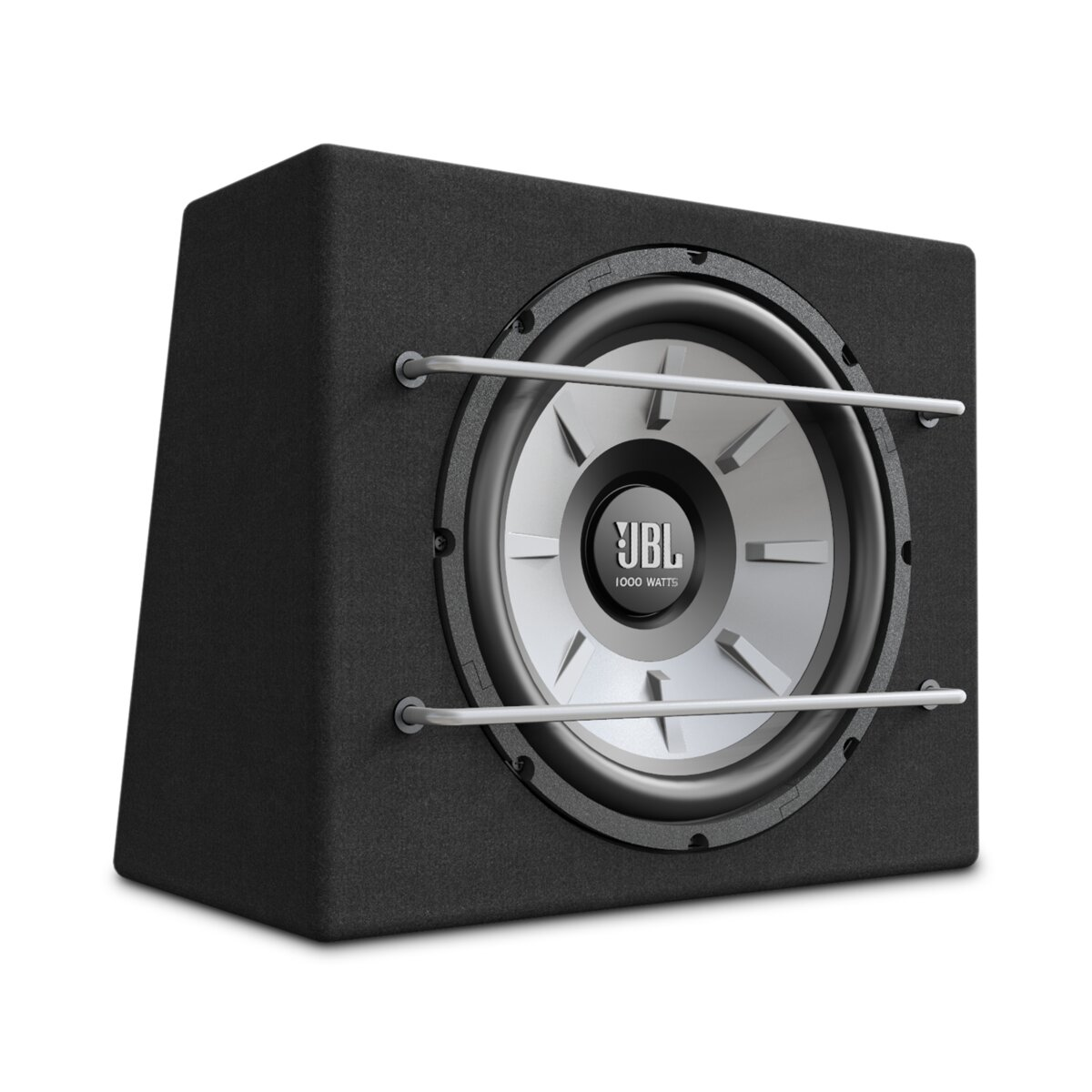 Subwoofer nero con logo JBL e barre protettive argentate.
