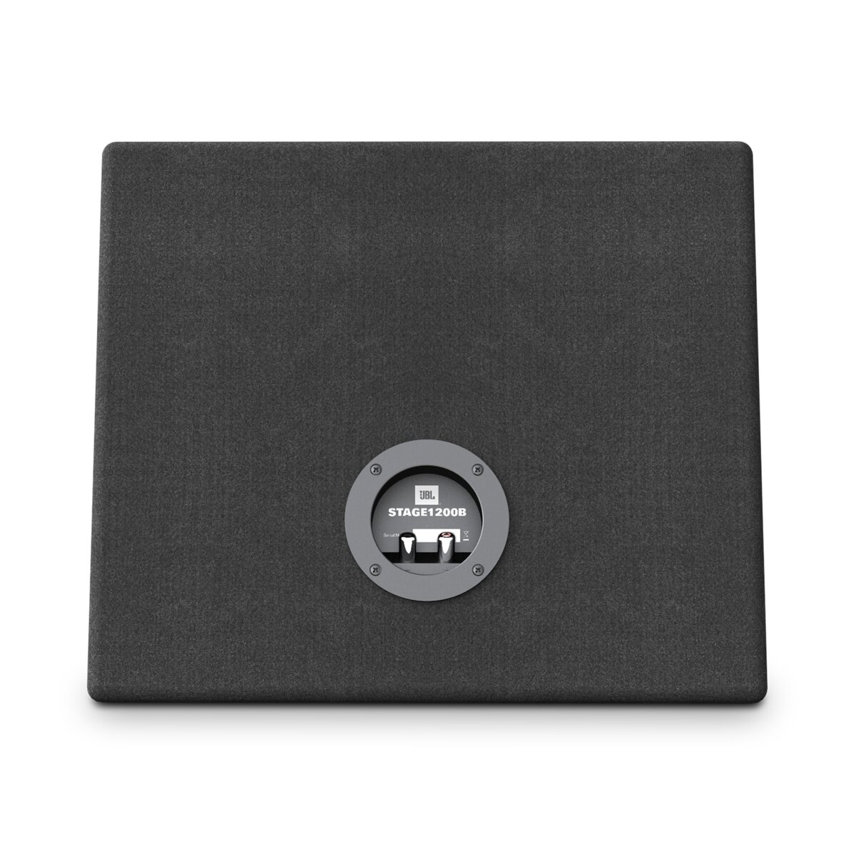Un subwoofer nero con logo JBL e etichetta "STAGE1200B".