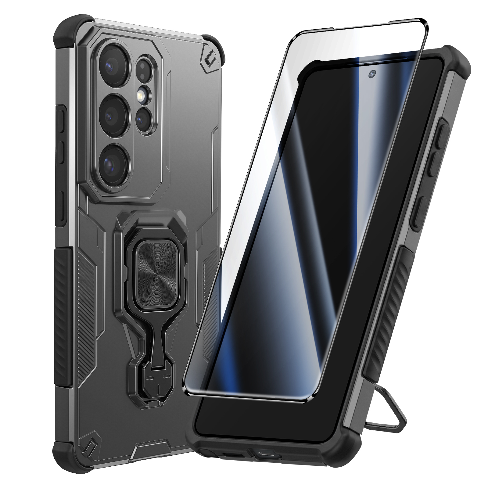 Une coque de téléphone foncée avec un anneau porte-bagues et un support intégré.