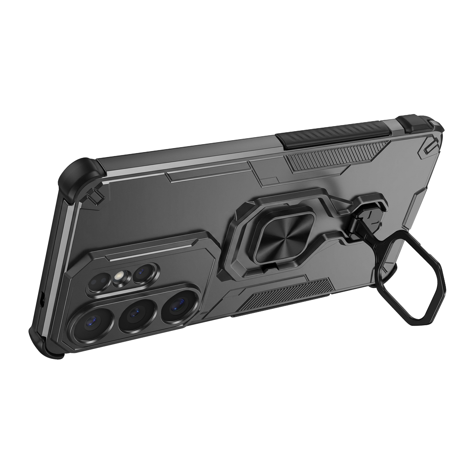 Coque de téléphone gris foncé avec support anneau et bloc de caméras.