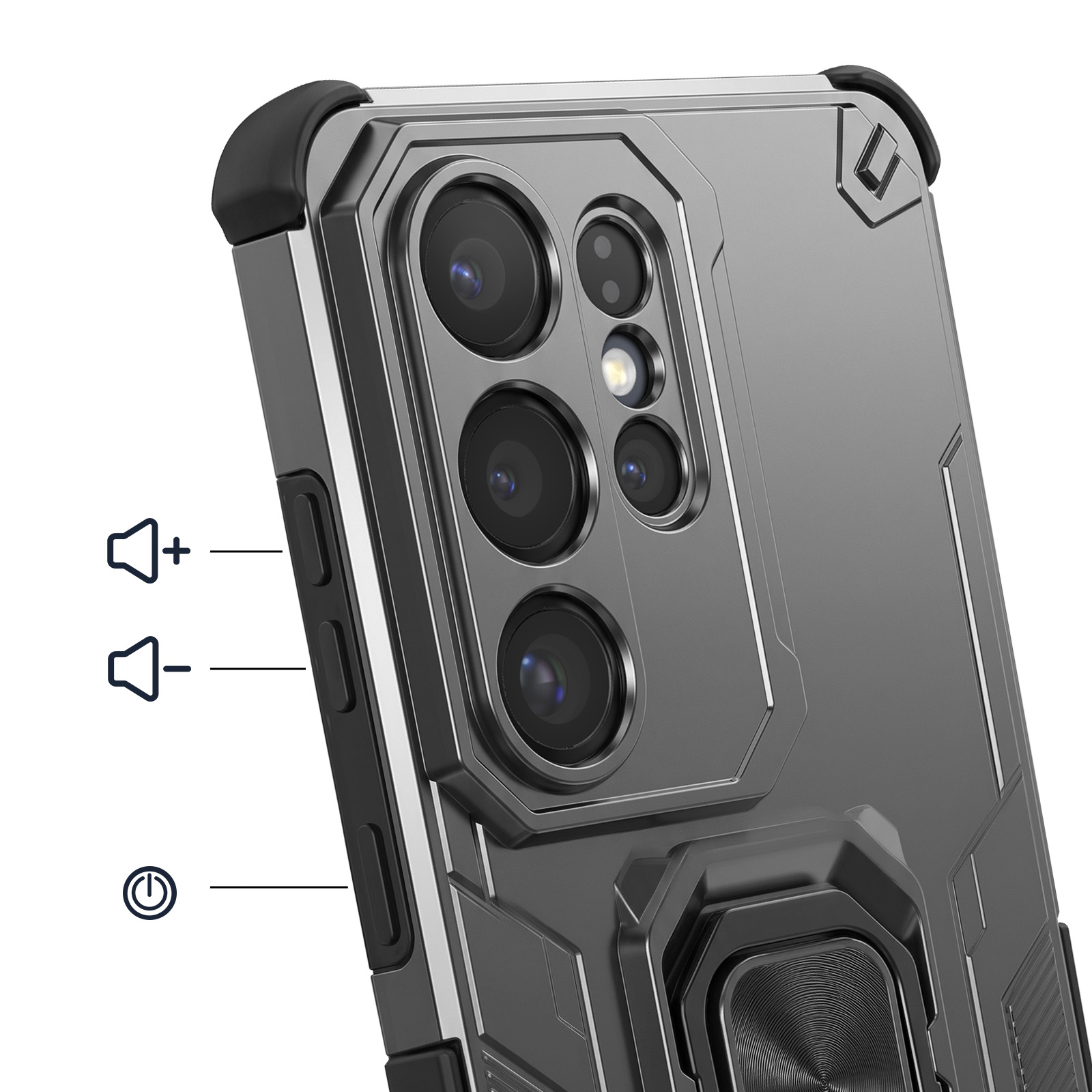 Coque de téléphone grise avec bloc appareil photo, boutons volume et marche/arrêt.