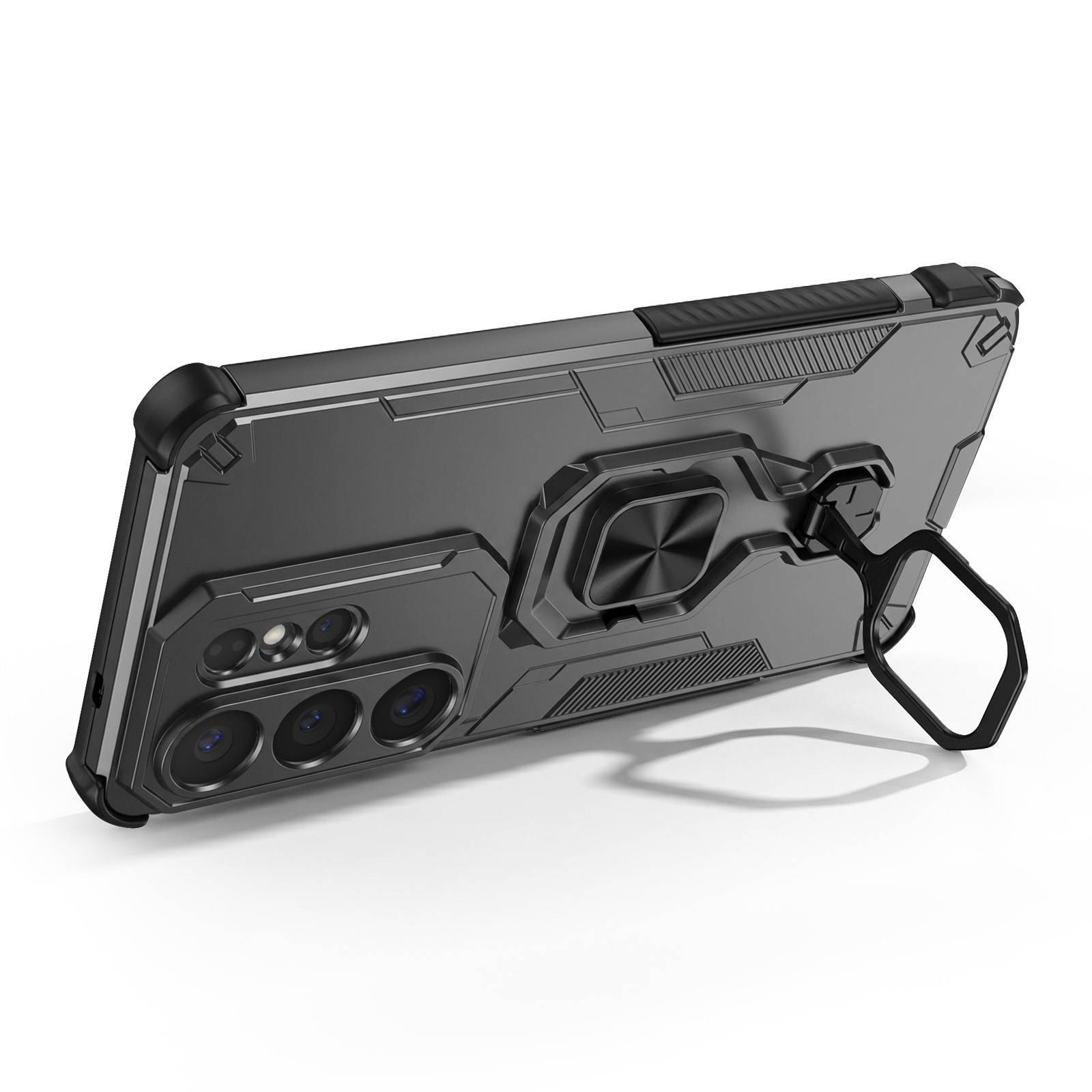 Coque de téléphone noire avec support anneau, posée sur fond blanc.