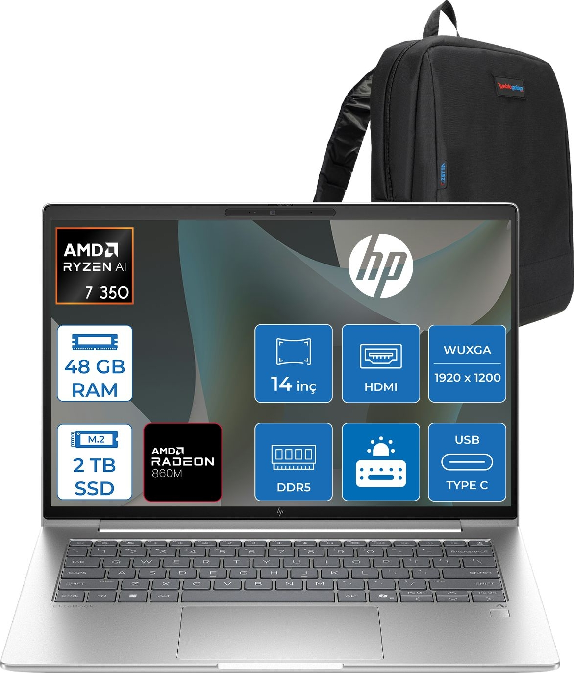 HP EliteBook 6 G1A Next AI Radeon 860M D36SZETF19 AMD Ryzen AI 7 350 48 GB RAM 2 TB SSD 14 inç FreeDOS Laptop+Çanta Siyah