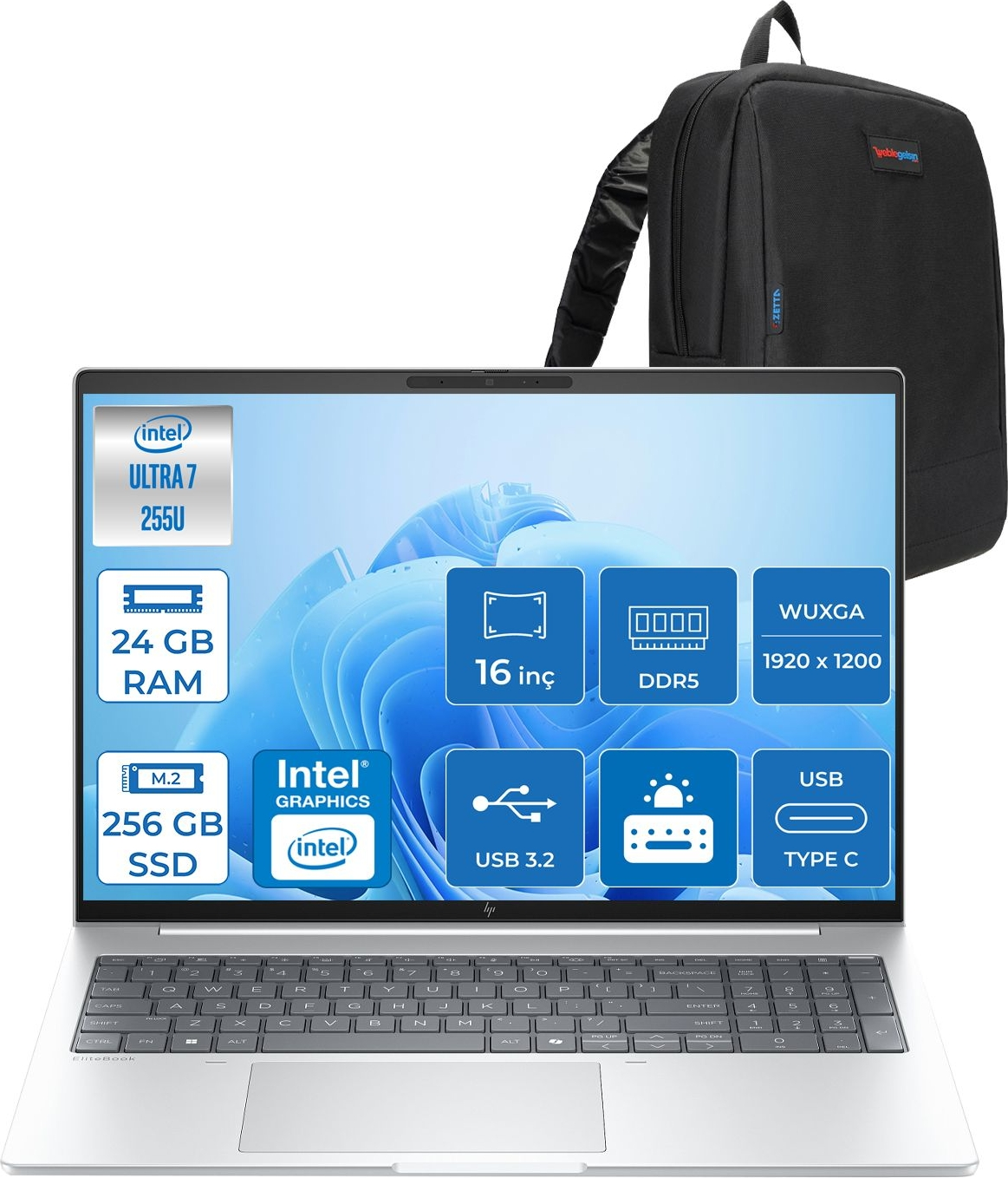 HP EliteBook 8 G1I IPS 300nit C9FG8ETF01 Intel Core Ultra 7 255U 24 GB RAM 256 GB SSD 16 inç FreeDOS Laptop+Çanta Siyah