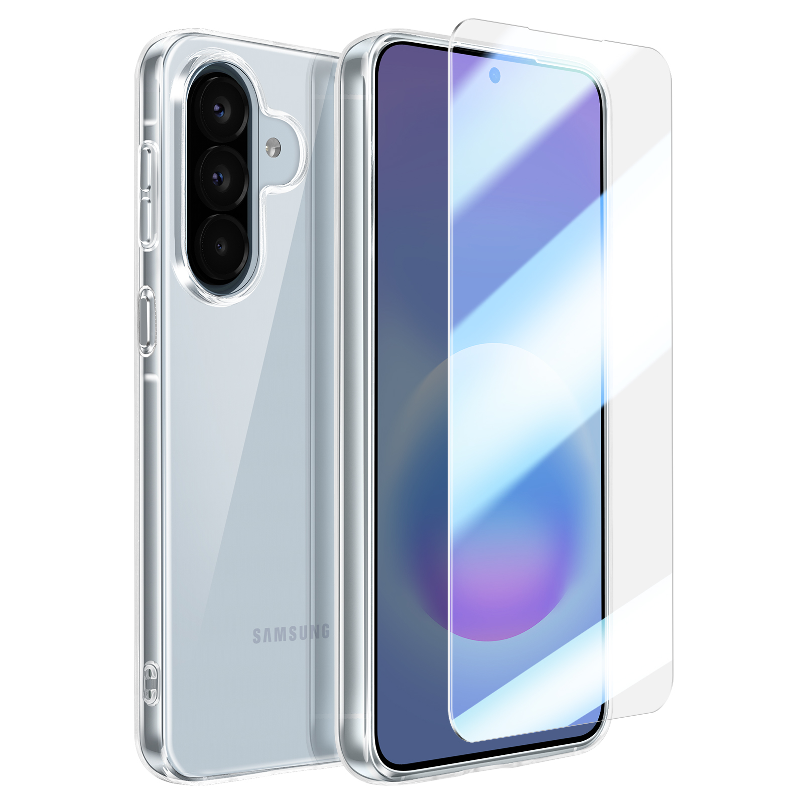 Eine durchsichtige Handyhülle und Displayschutzfolie für ein Samsung Handy.