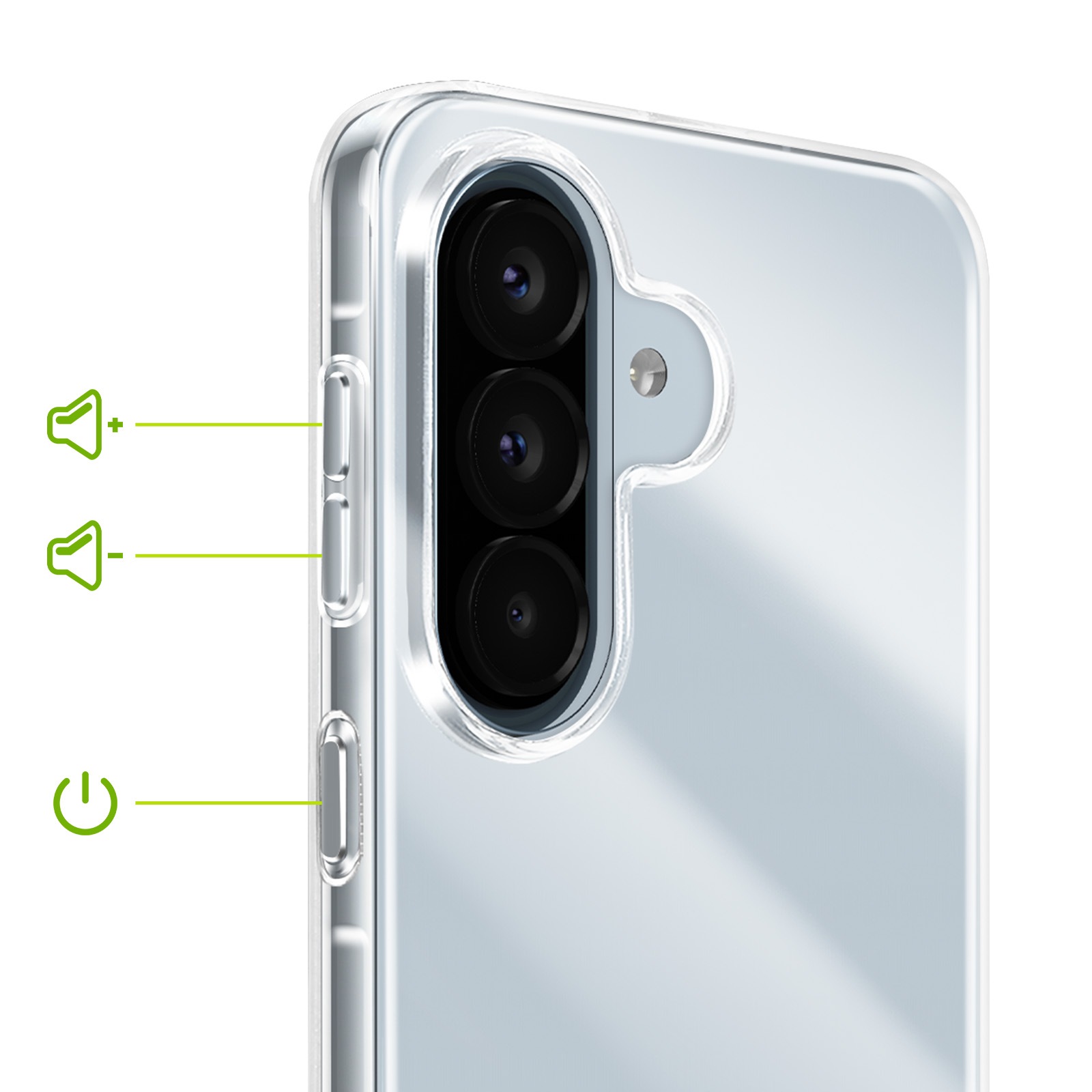 Nahaufnahme der Rückseite eines Smartphones mit drei Kameras und seitlichen Tasten.