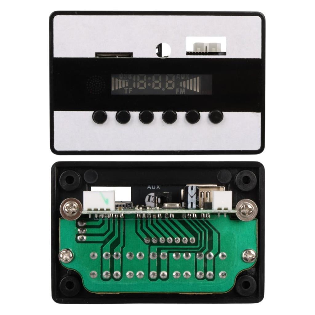 MP3 çalar modülü: üst görünüm ekranı, düğmeleri, USB/TF/AUX girişlerini gösterir. Alt görünüm devre kartını gösterir.