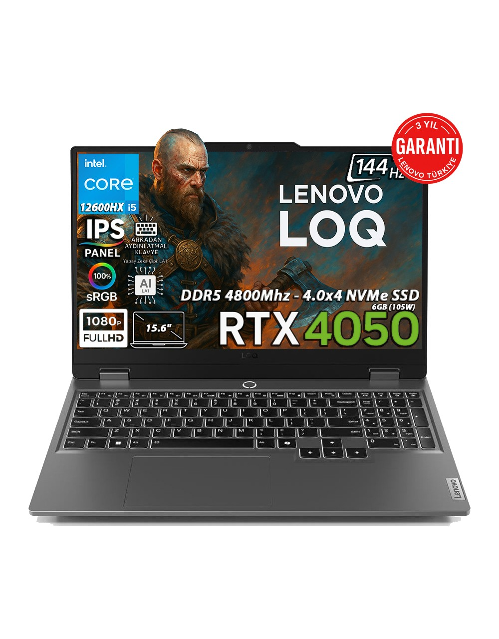 LENOVO LOQ 15IAX9 GeForce RTX 4050 6GB 105W FHD IPS Panel 144Hz 83GS00PFTRAT87 Intel Core i5-12600HX 32 GB RAM 2 TB SSD 15,6 inç Windows 11 Pro Laptop Gri