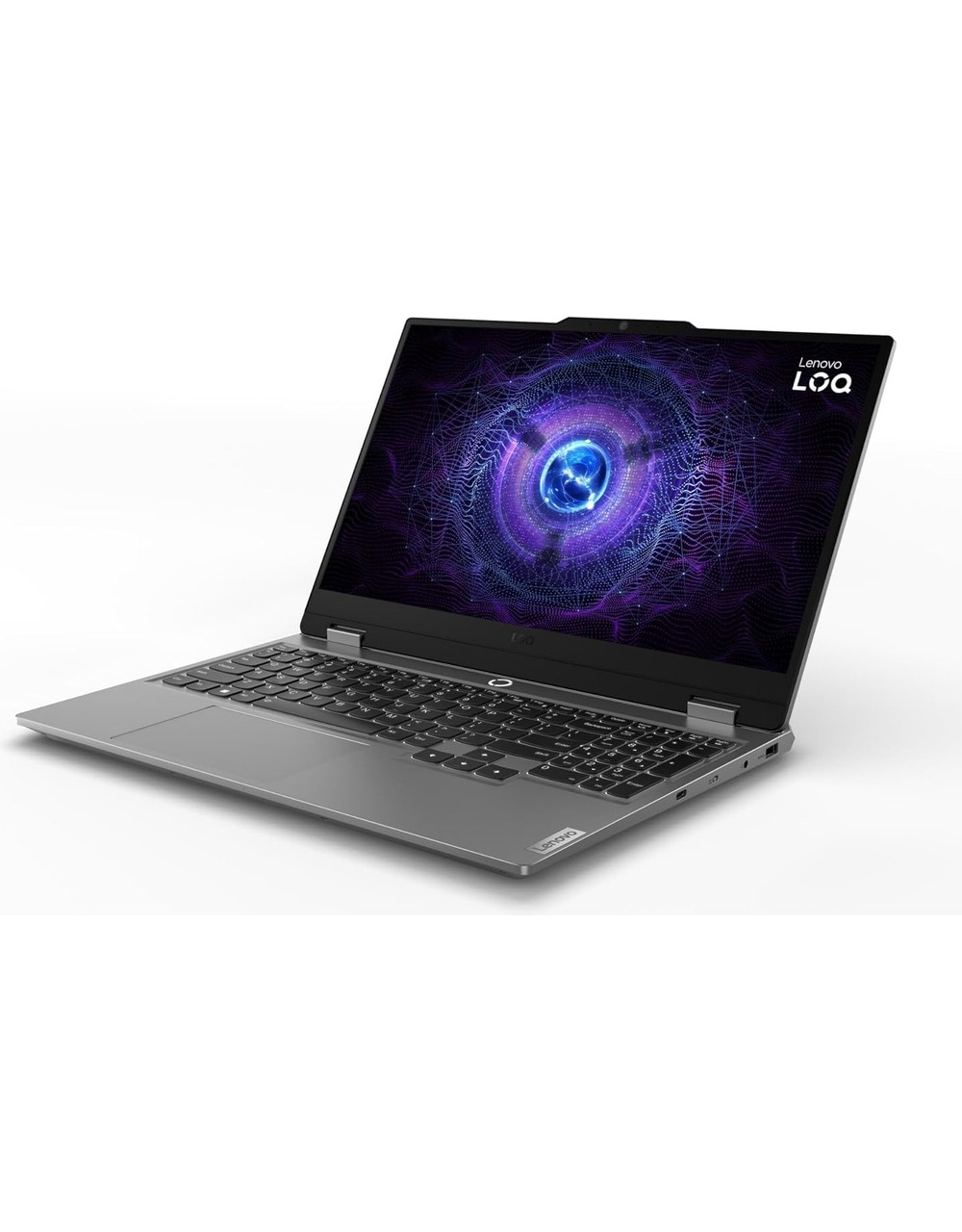 Ekranında mor-mavi desen bulunan gri Lenovo LOQ dizüstü bilgisayar.