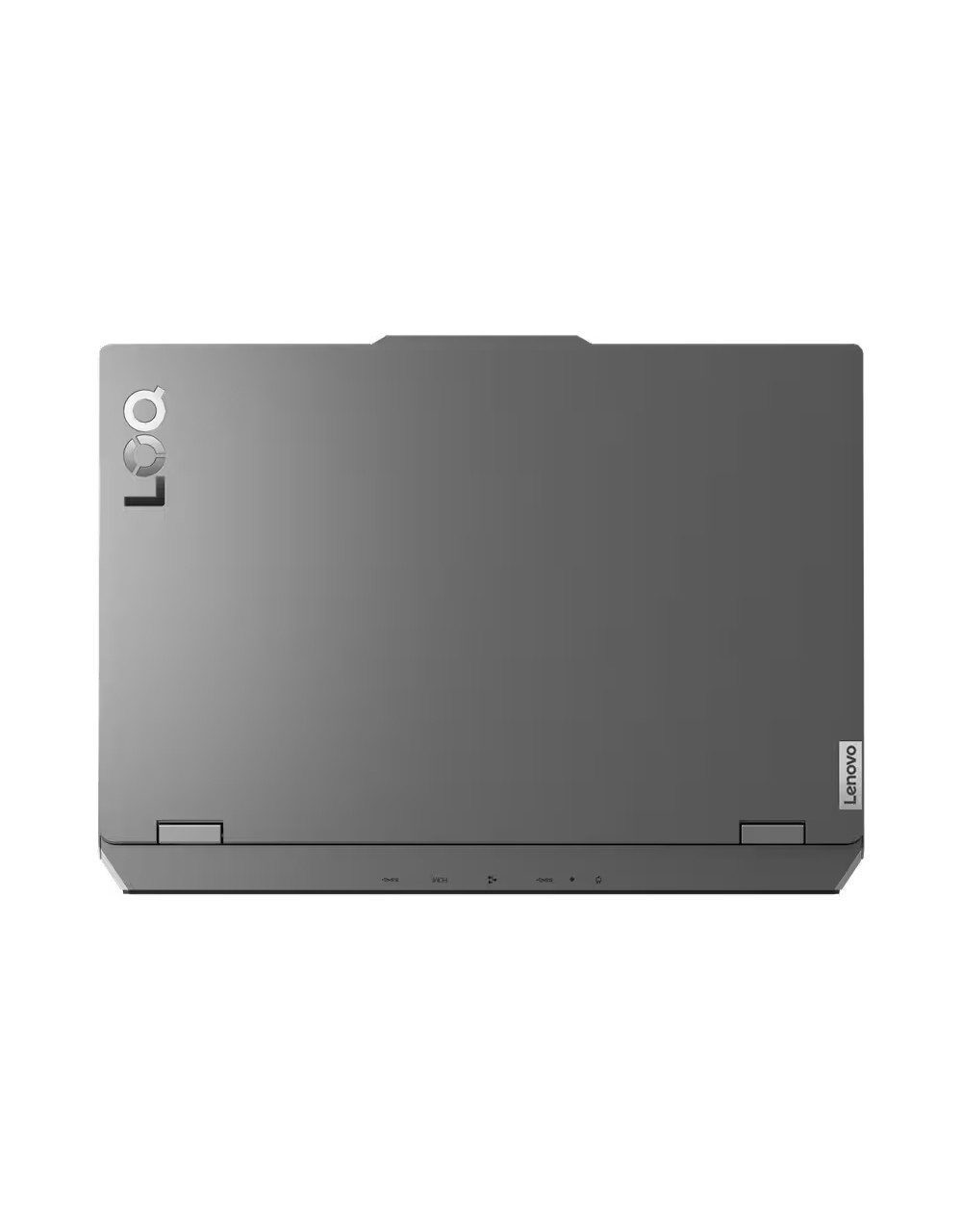 Üstten görünüm, kapakta LOQ logosu olan gri Lenovo dizüstü bilgisayar.