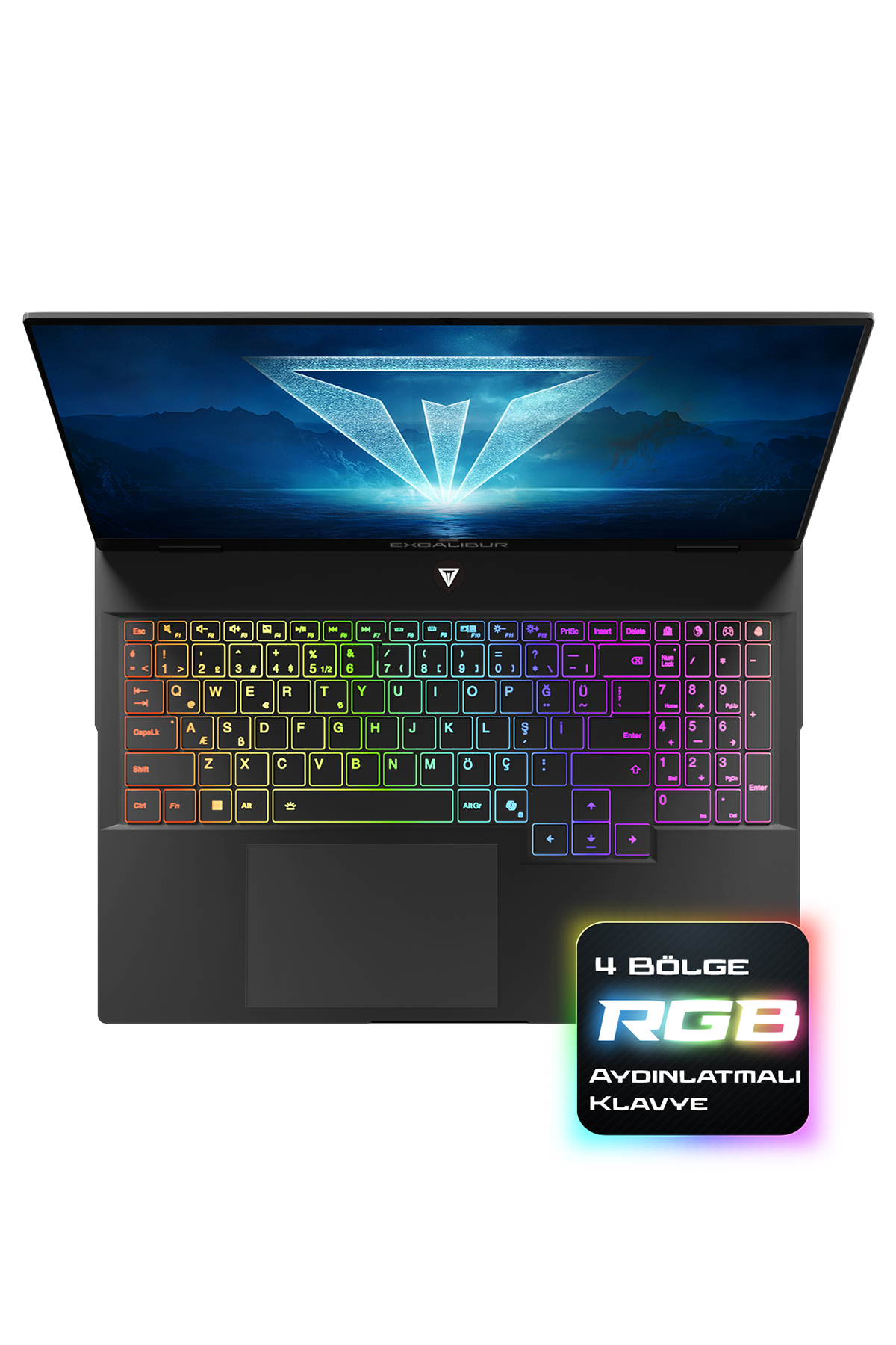 Ekranında dağ duvar kağıdı ve aydınlatmalı RGB klavyeye sahip siyah bir dizüstü bilgisayar.