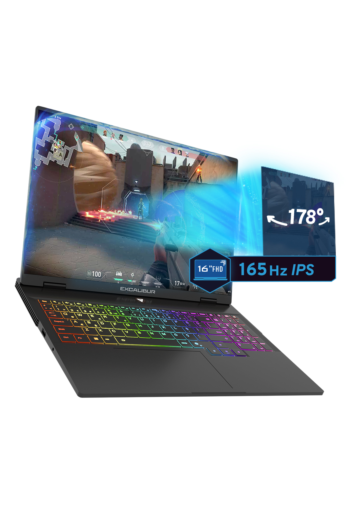 Oyun oynayan arkadan aydınlatmalı klavyeli siyah dizüstü bilgisayar. 16" FHD, 165 Hz IPS.