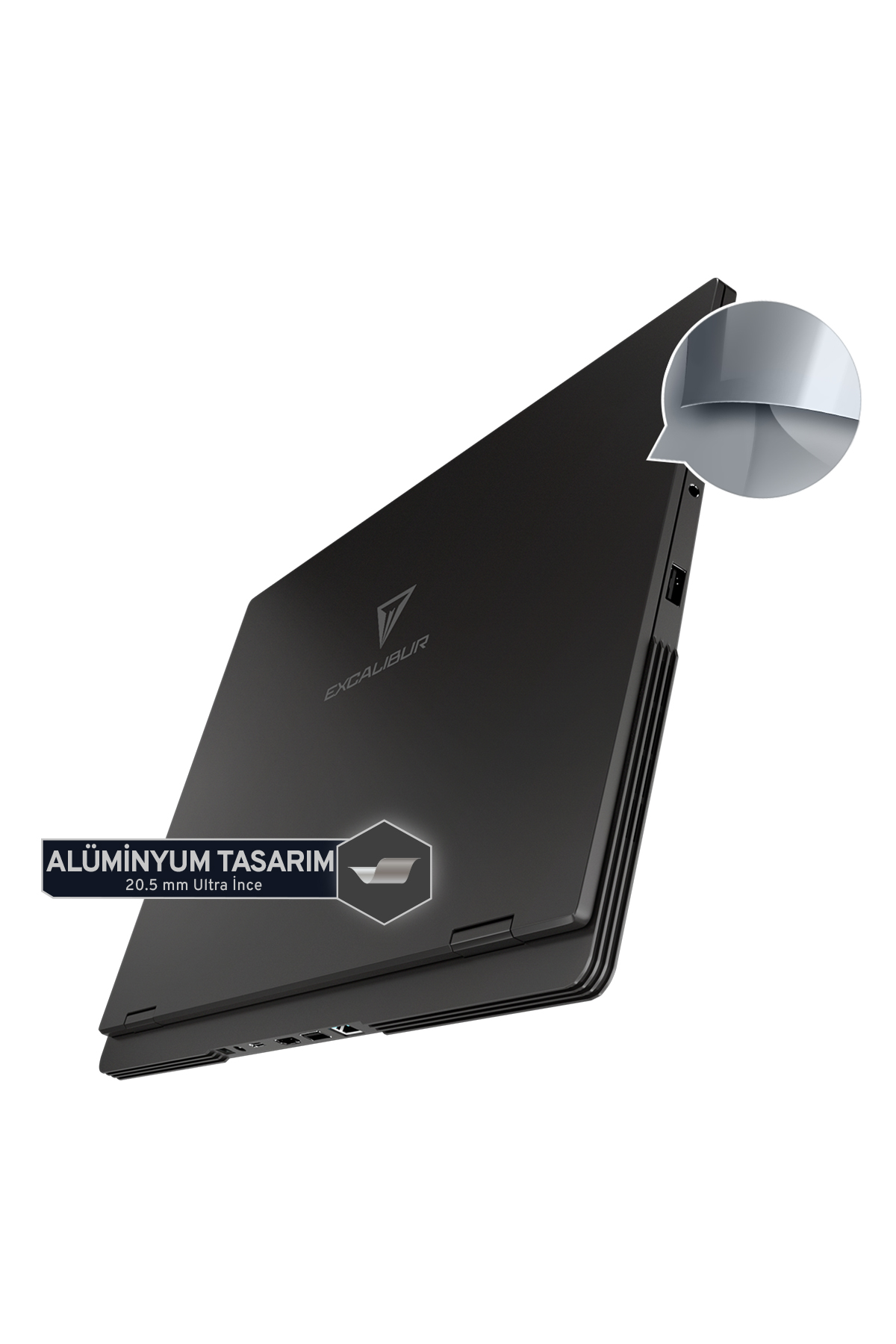Alüminyum tasarımlı siyah dizüstü bilgisayar, 20.5mm ultra ince. Excalibur logosu.