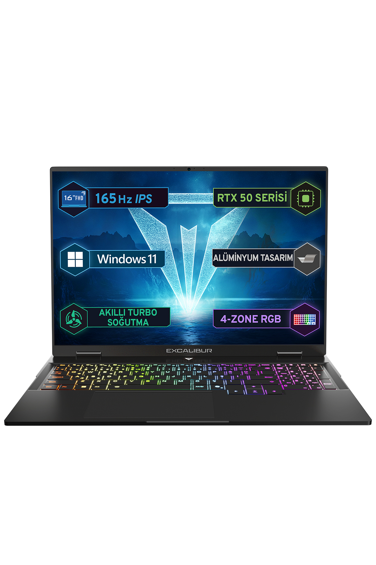 RGB klavyeli siyah dizüstü bilgisayar, 16" FHD, 165 Hz, RTX 50, Win 11.
