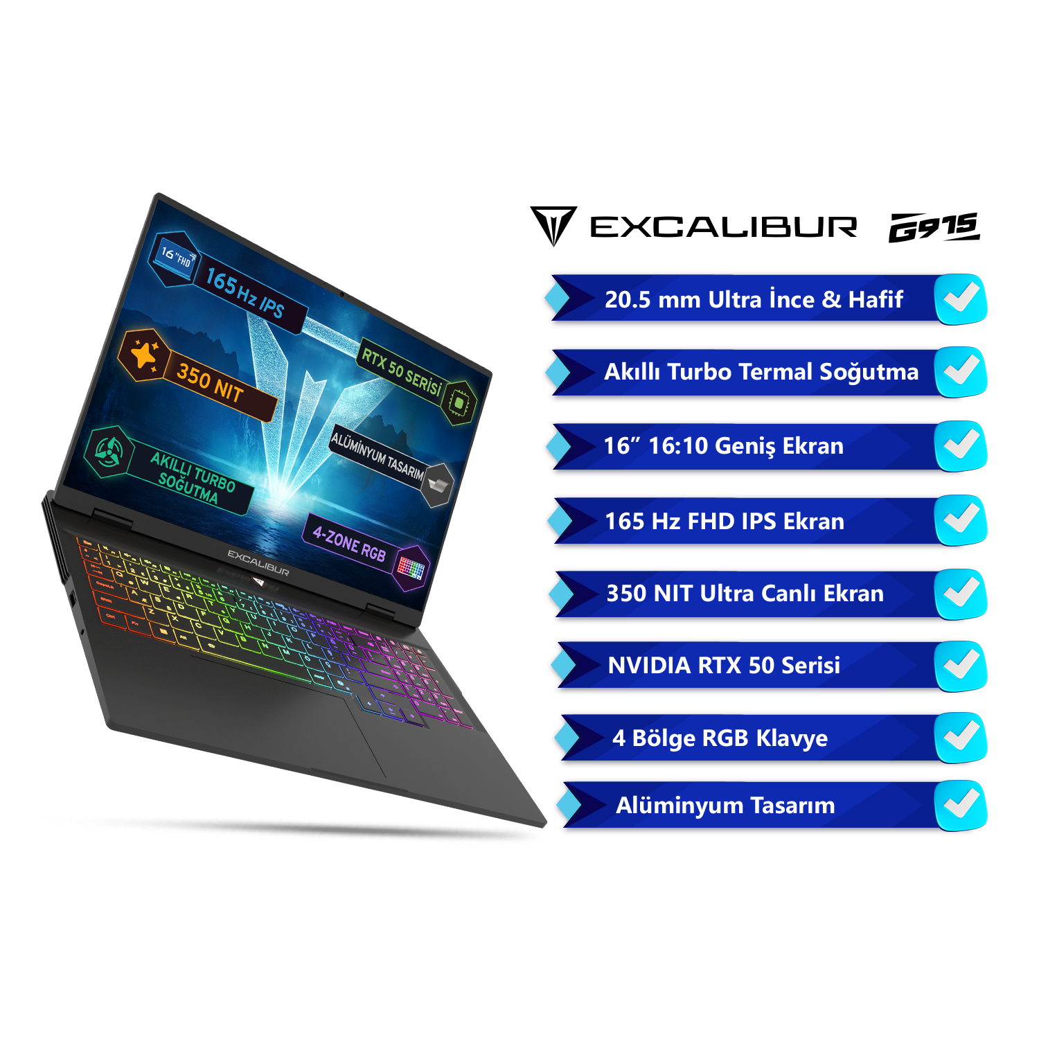 Işıklı klavyeli siyah laptop ve teknik özellikleri gösteriliyor.