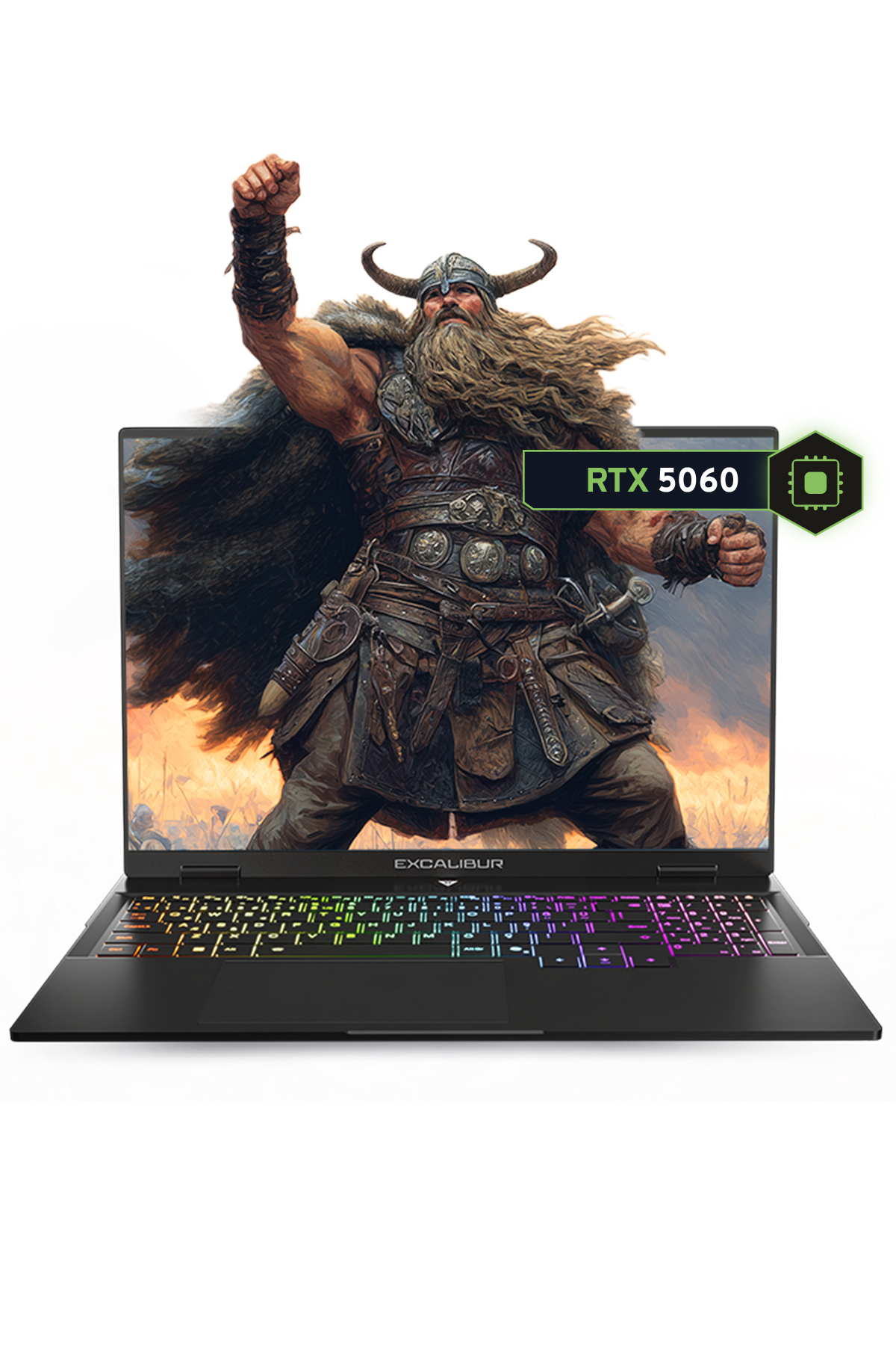 Bir dizüstü bilgisayar, kaldırılmış yumruklu bir Viking savaşçısını gösteriyor, RTX 5060.