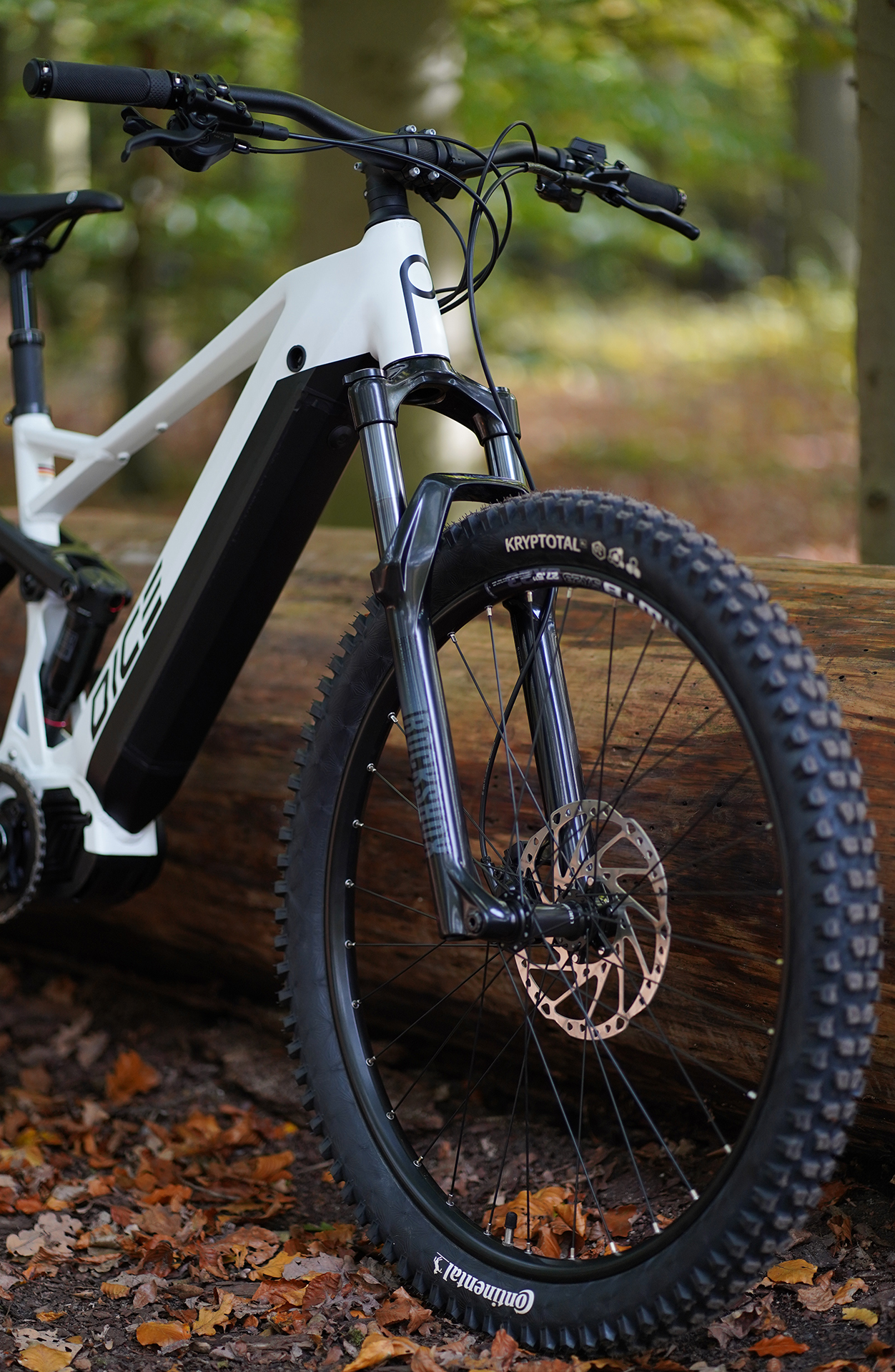 Ein weißes E-Mountainbike steht auf einem Baumstamm im Wald mit Herbstlaub.