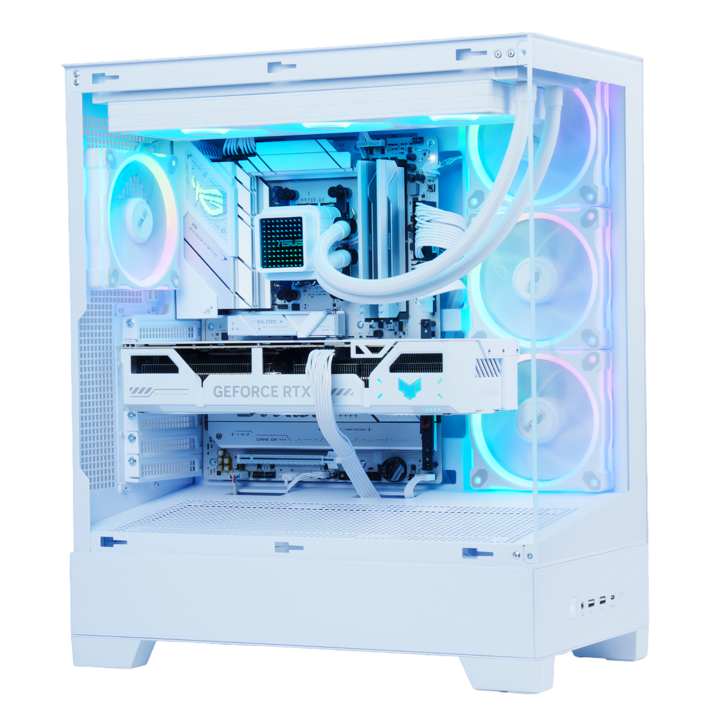 Un PC blanco con iluminación RGB, tarjeta gráfica GeForce RTX y ventiladores visibles.