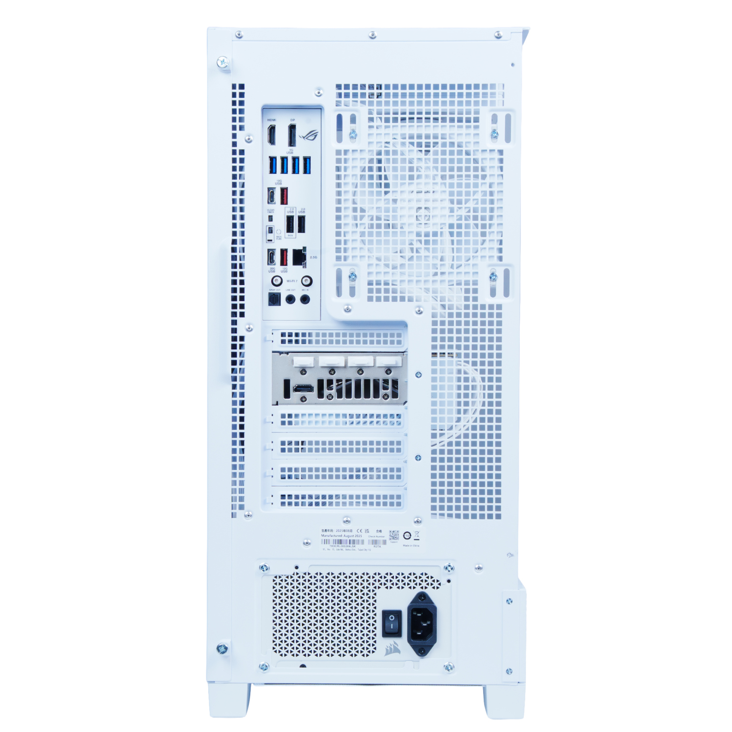 Panel trasero de PC blanco con puertos, rejillas de ventilador y conector de alimentación.