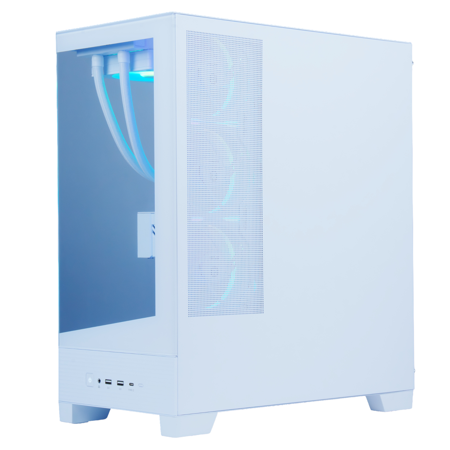 Una caja de ordenador blanca con frontal de cristal e iluminación azul.