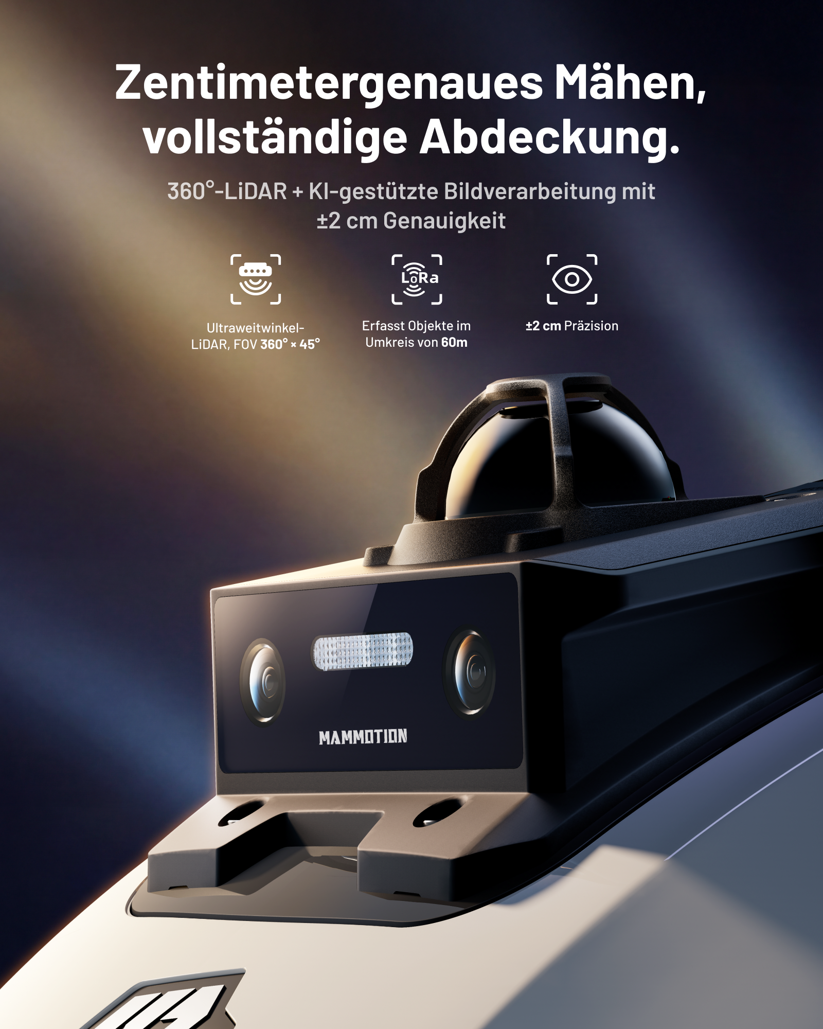 Ein schwarzes Mammotion Gerät mit Kameras und Sensoren, detaillierte Funktionen.