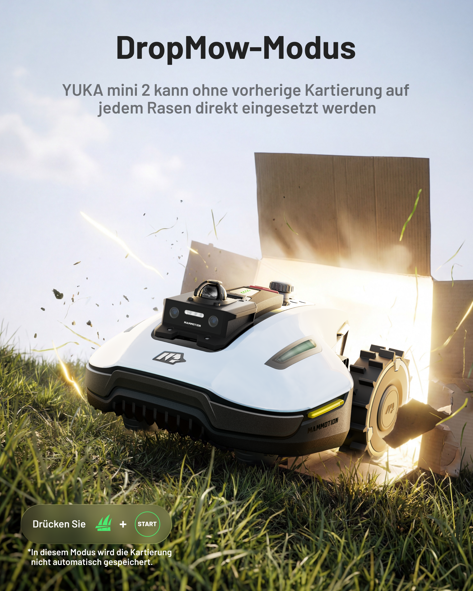 Ein weißer Mähroboter mit Sensoren kommt aus einem Karton.