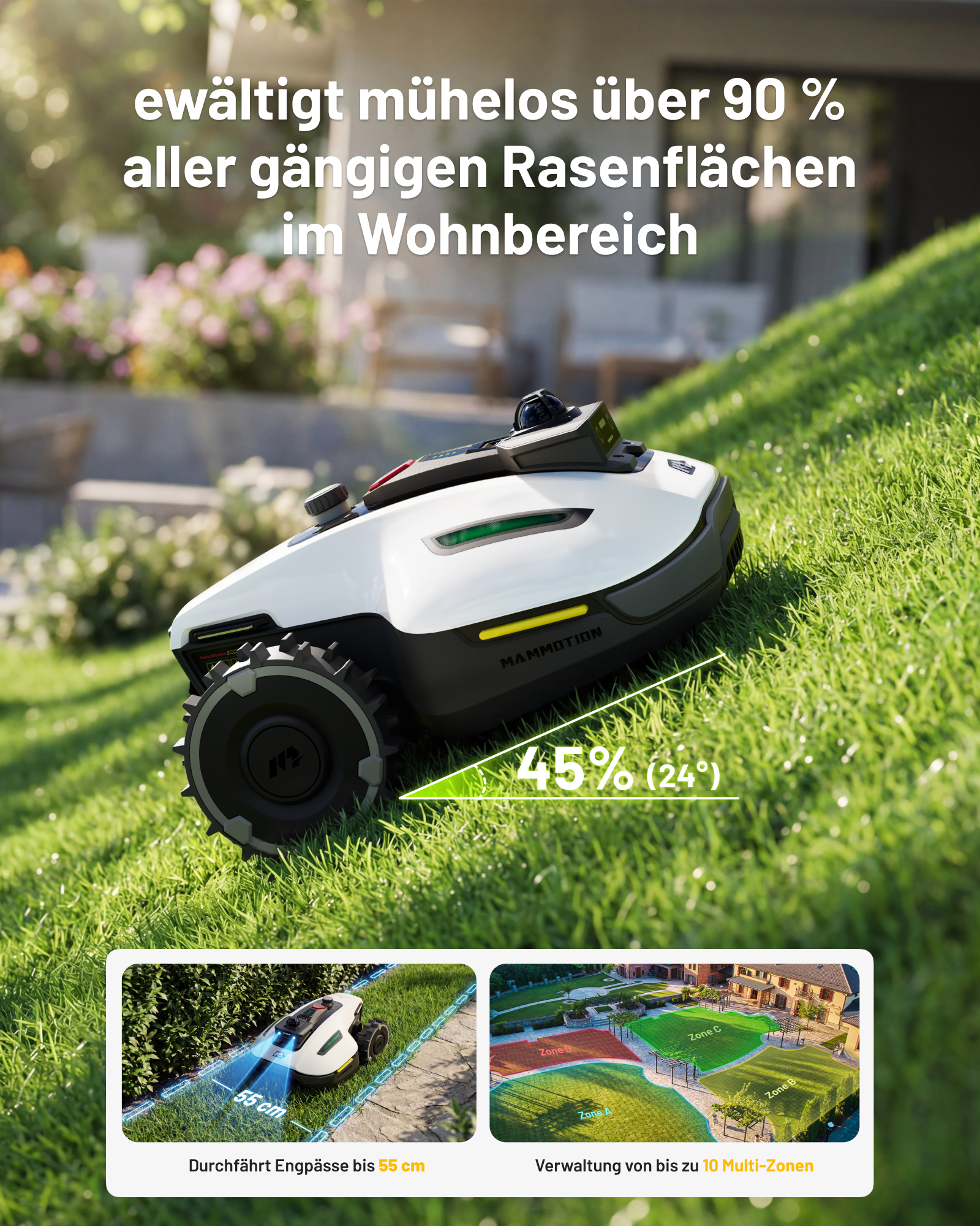 Ein Mähroboter auf einer Rasenfläche, der 45% Steigung bewältigt.
