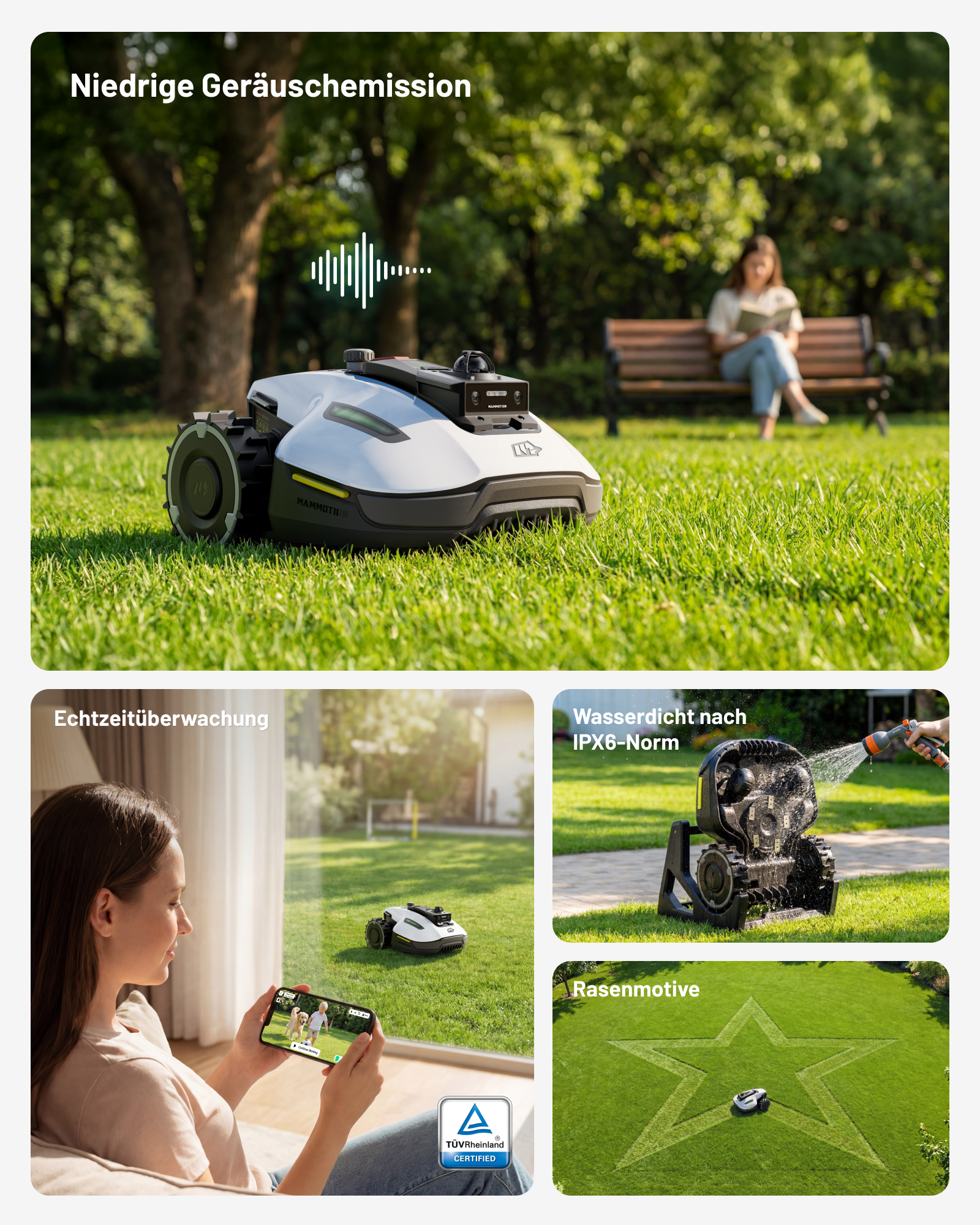 Ein Mähroboter auf einem Rasen mit einer Frau im Hintergrund.