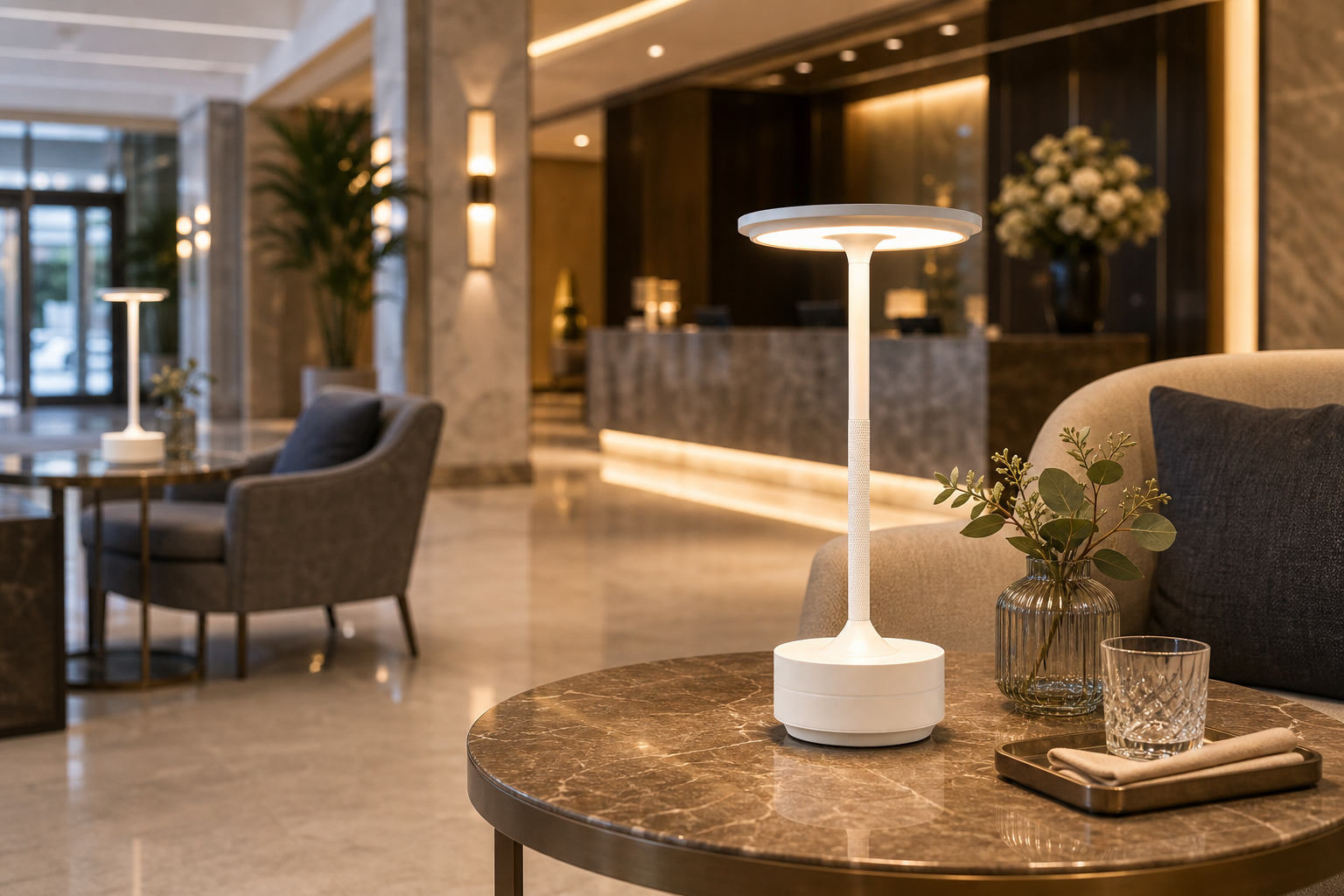 Eine moderne Lampe auf einem Marmortisch in einer Hotel-Lobby mit Sitzgelegenheiten.