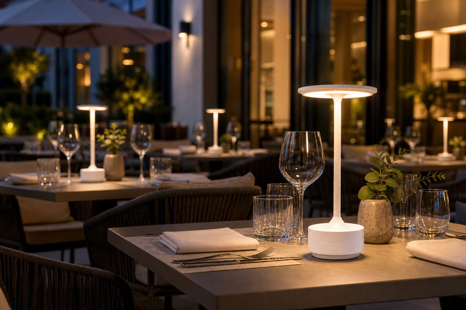 Ein beleuchteter Tisch mit Gläsern, Besteck und einer Lampe in einem Restaurant bei Nacht.