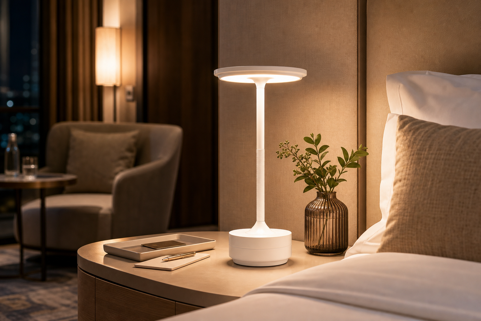 Ein Nachttisch mit Lampe, Vase, Notizblock und Stift in einem Schlafzimmer.