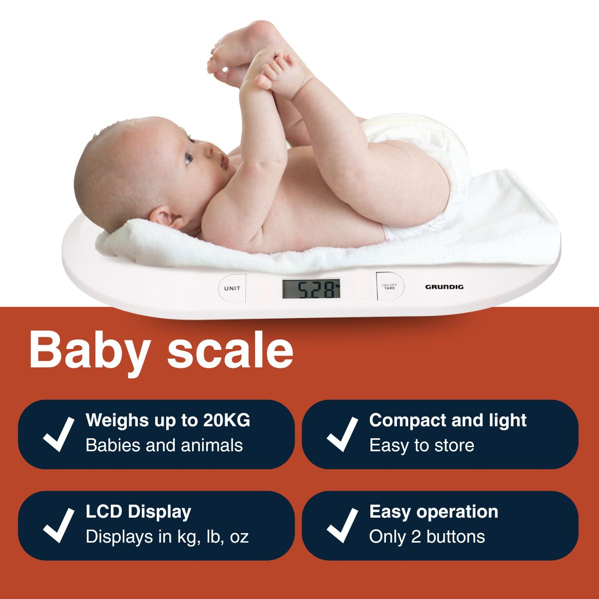 Baby op witte weegschaal toont 5,28 kg. Kenmerken vermeld.