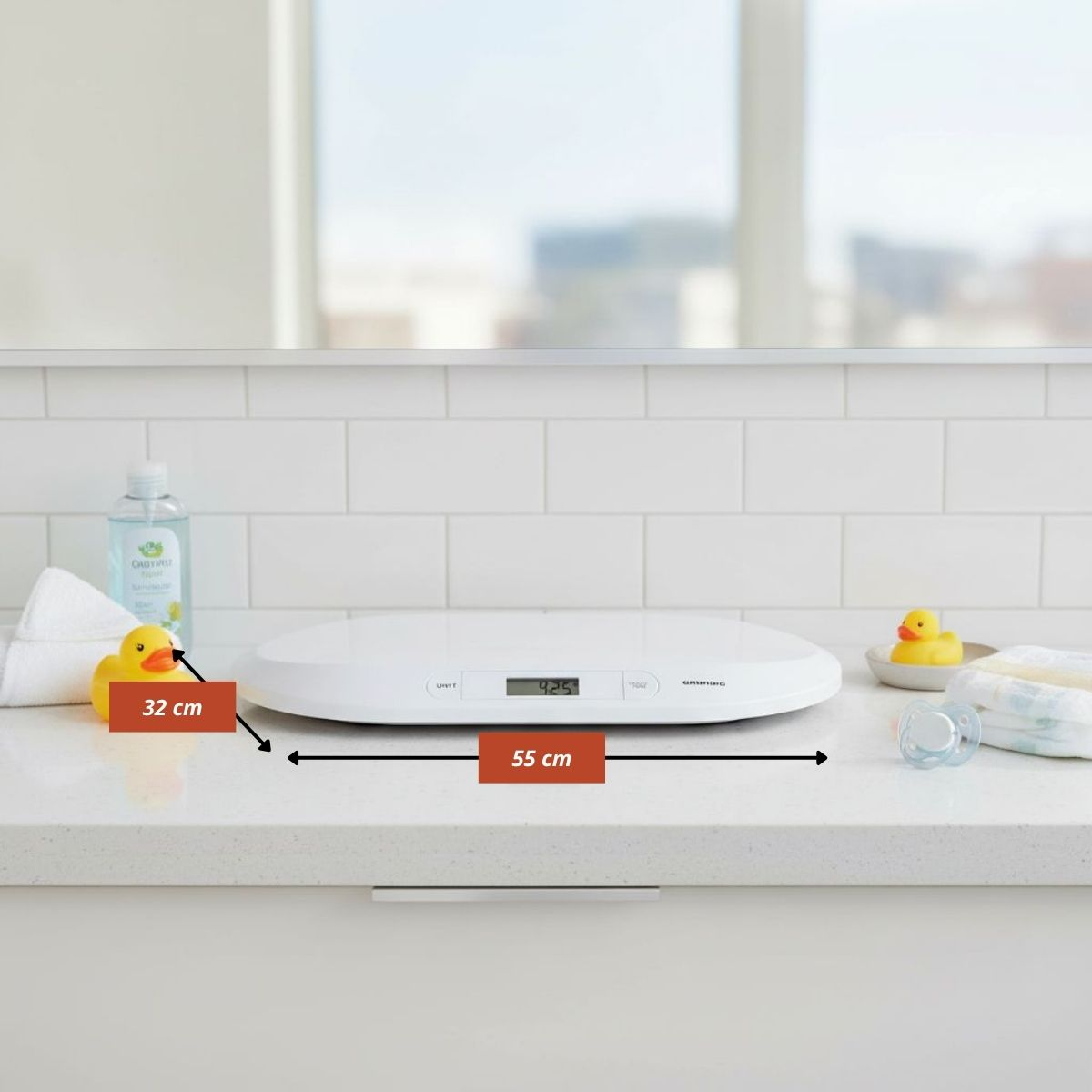 Een digitale babyweegschaal met badeendjes, een fopspeen en luiers.
