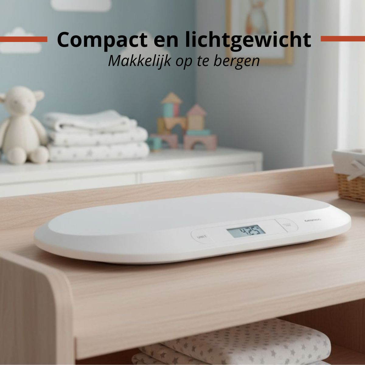 Een witte babyweegschaal staat op een houten tafel. Een teddybeer en speelgoed op de achtergrond.