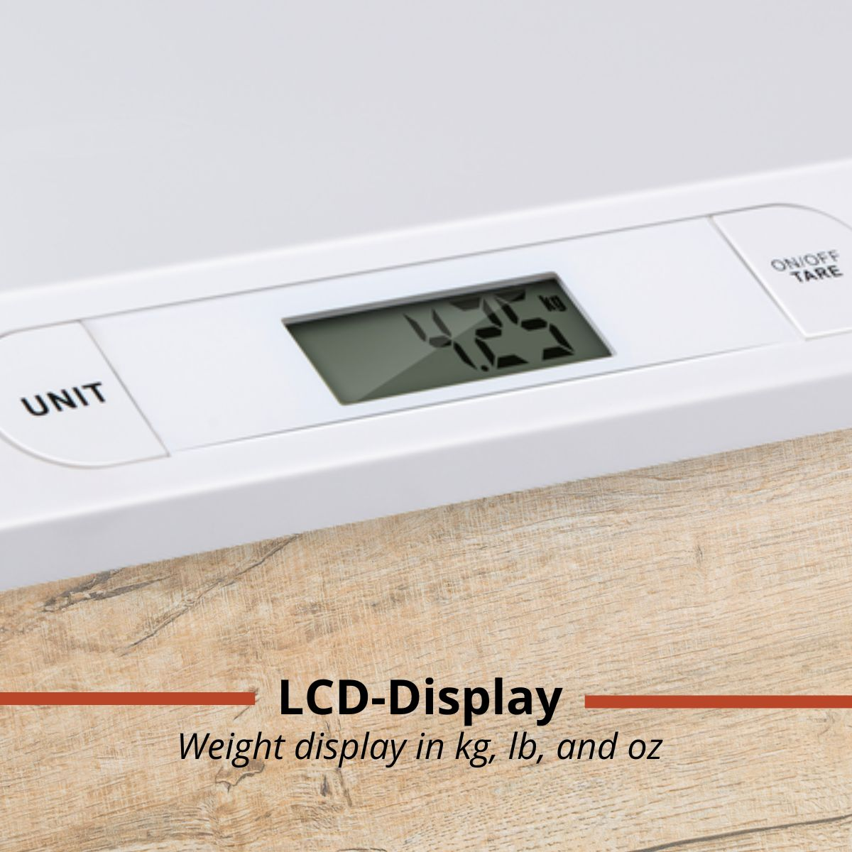 Een witte digitale weegschaal met een LCD-display die 4,25 kg aangeeft.