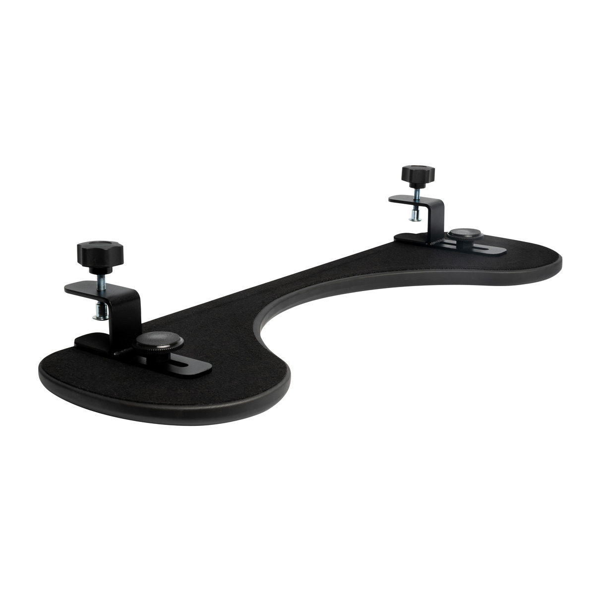 A black ergonomic armrest with clamps for desk attachment.